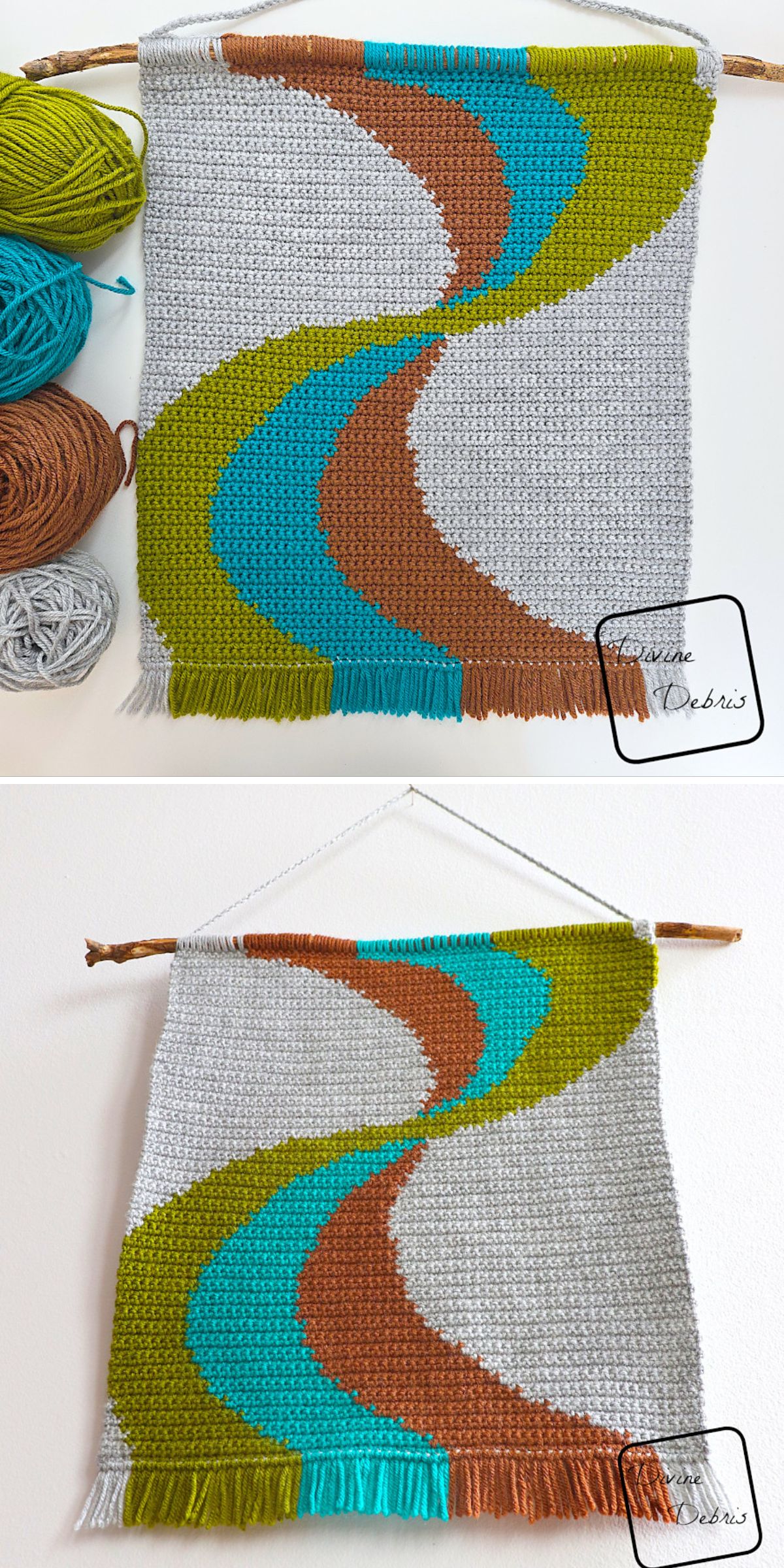 a crochet wall hanging featuring three flowing strands in orange, blue, and green