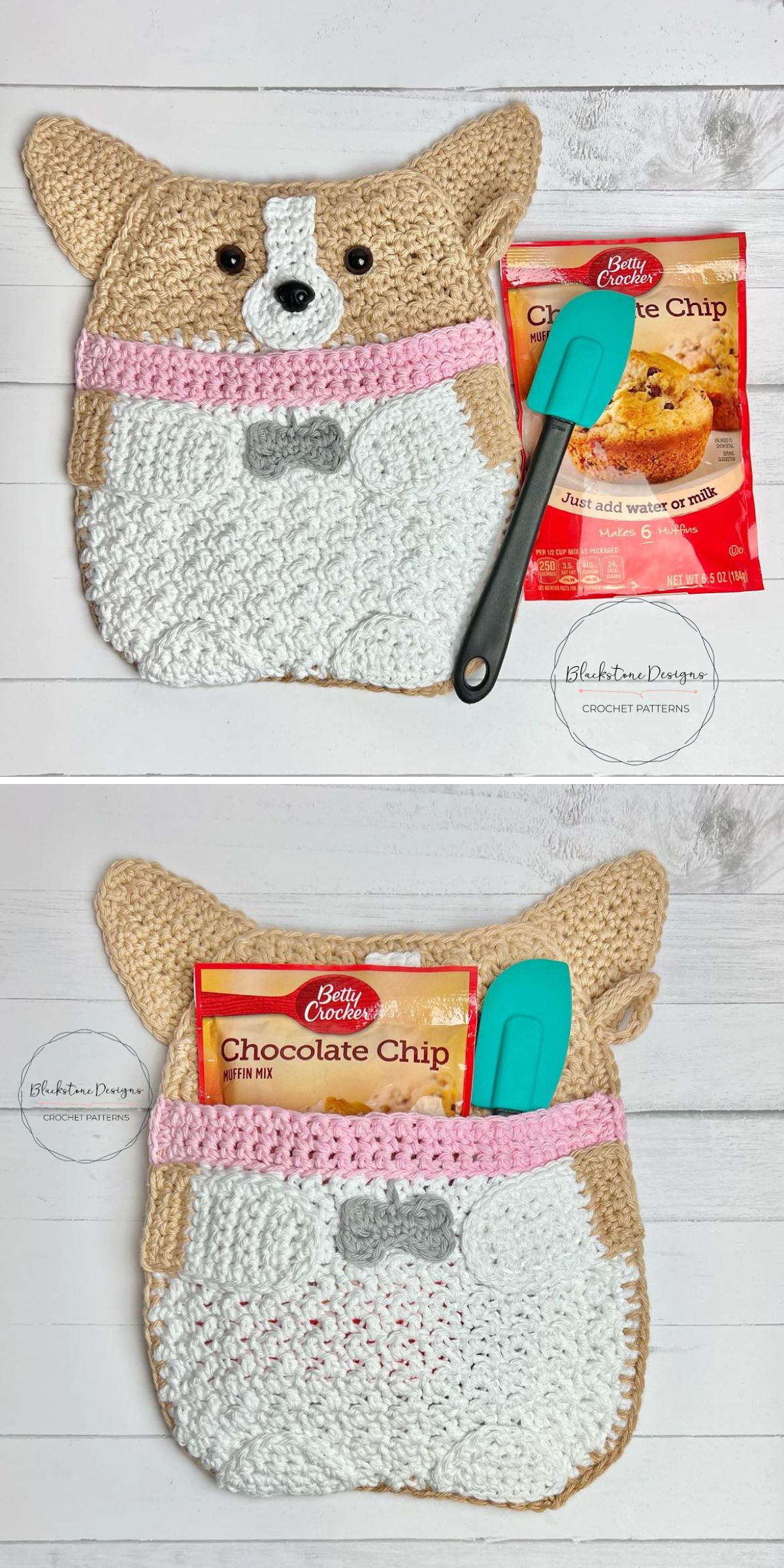 a crochet potholder shaped like a corgi 