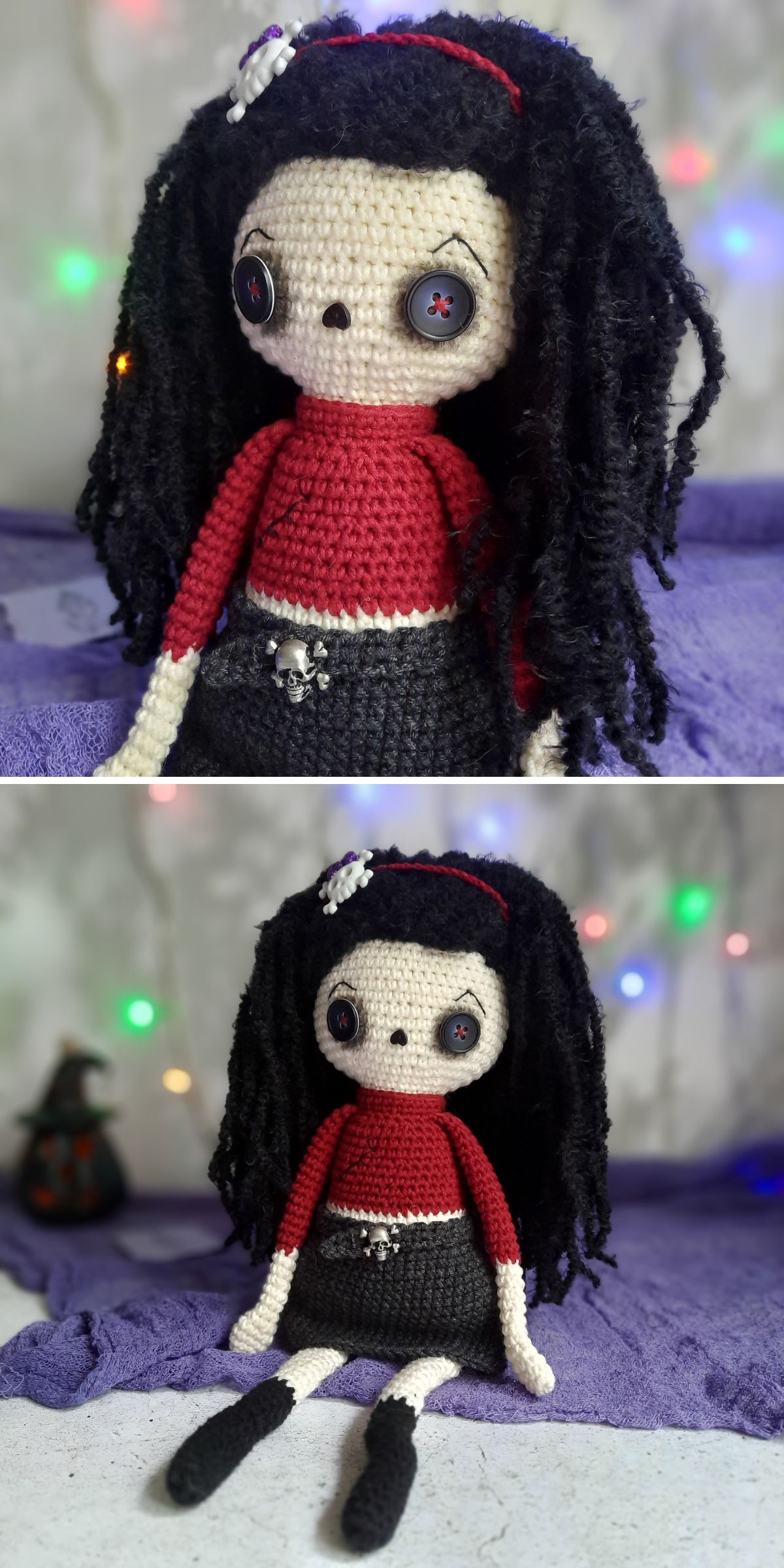 a spooky crochet zombie doll with long black hair