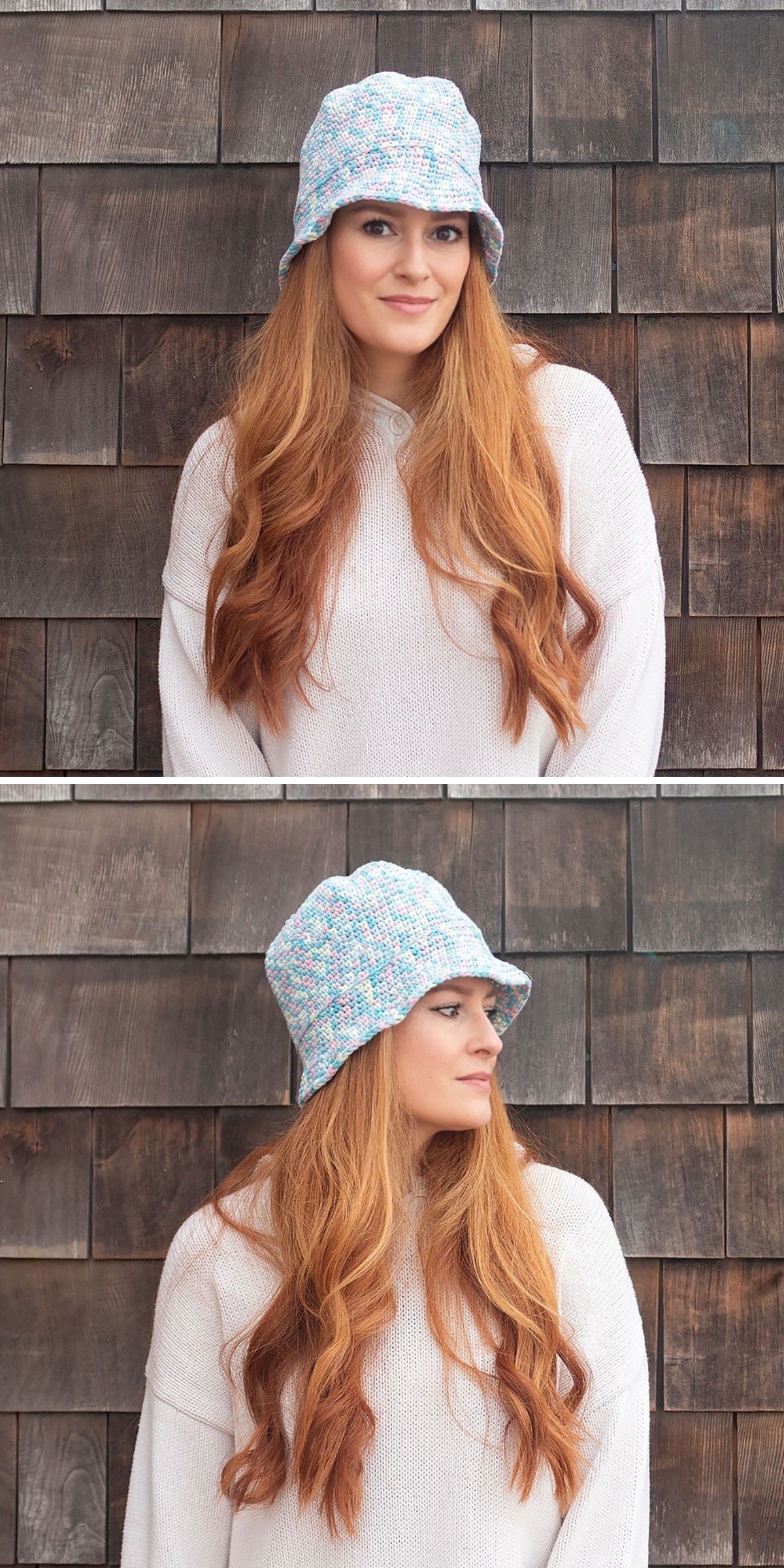 a woman wearing a simple crochet bucket hat in a light variegated colorway