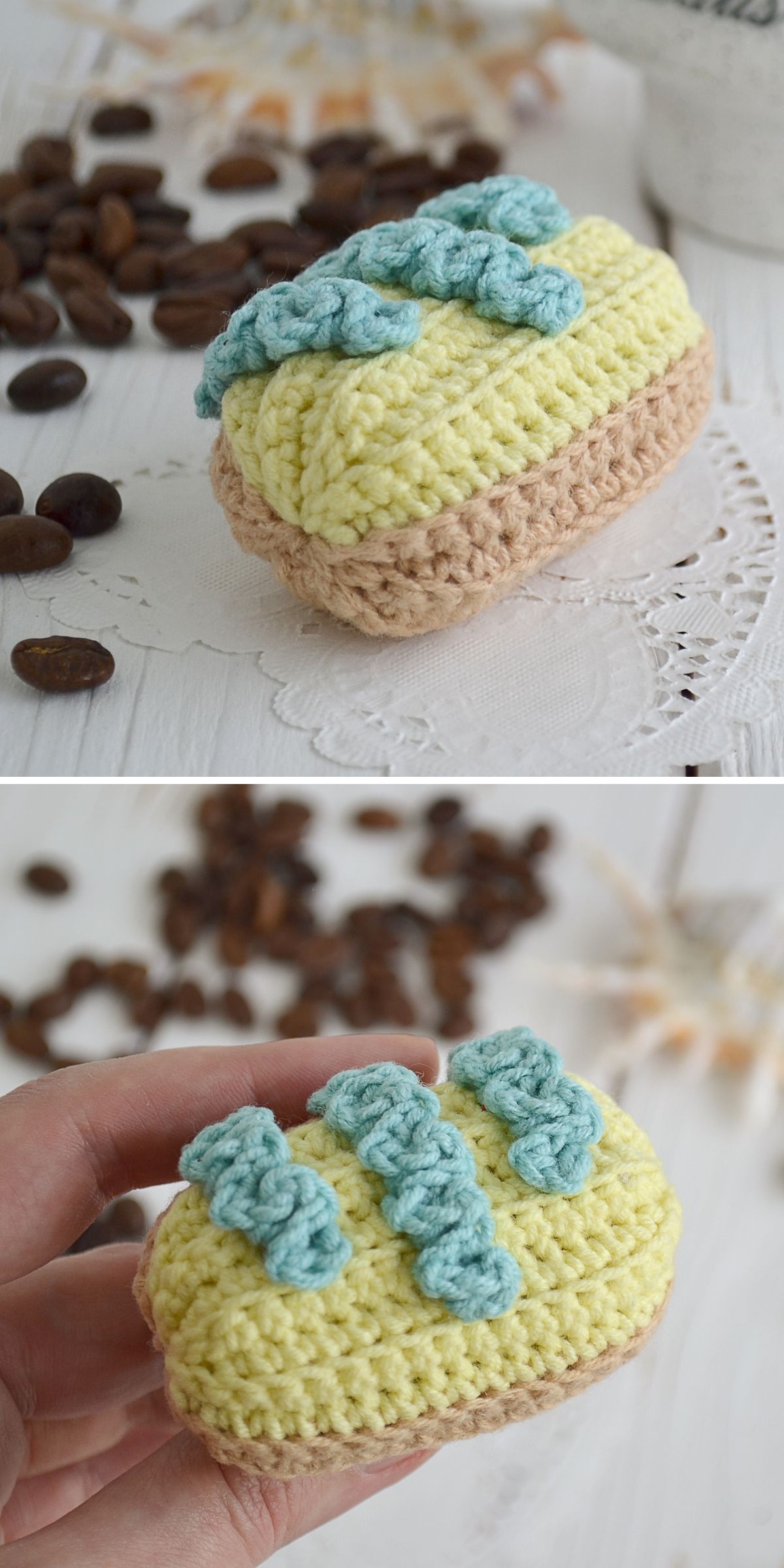 a crochet eclair amigurumi