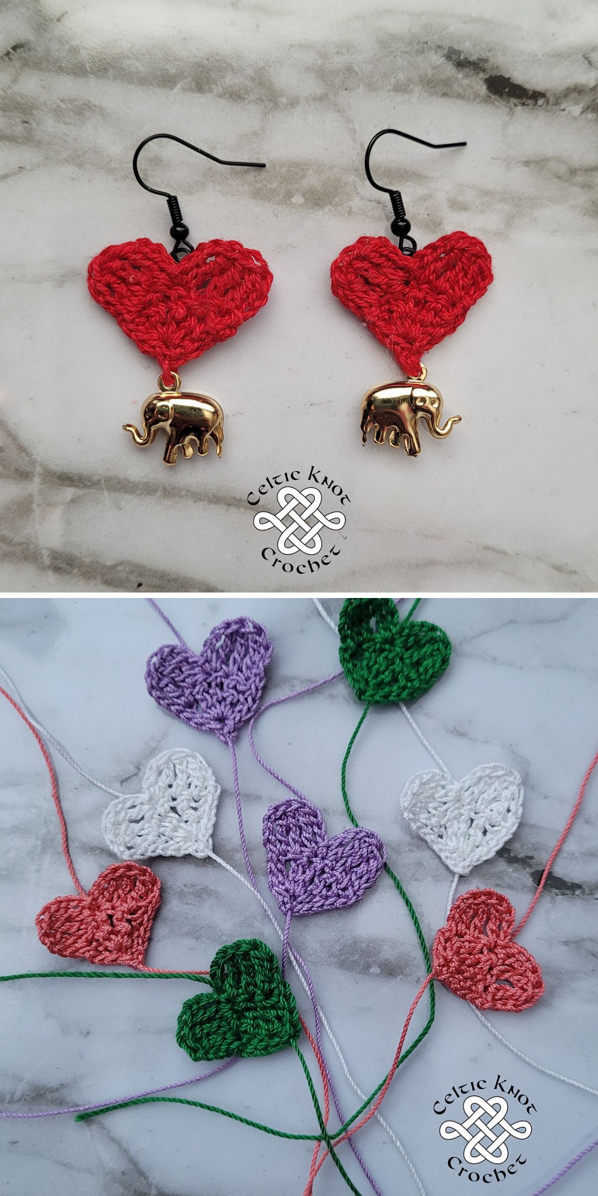 crochet heart earrings with gold elephant embellishments hanging at the bottom