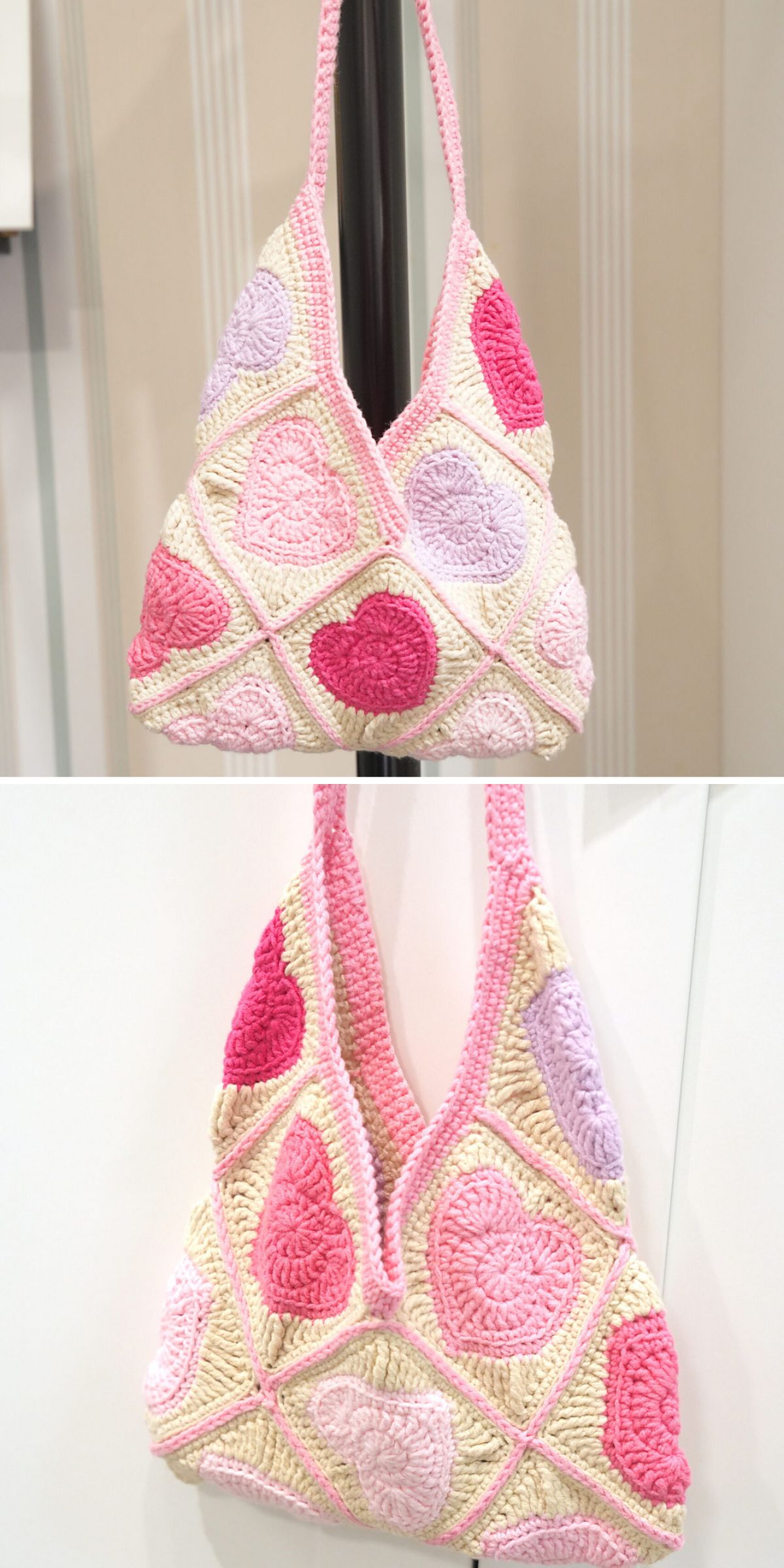 a crochet bag made of granny squares with heart-shaped centers 