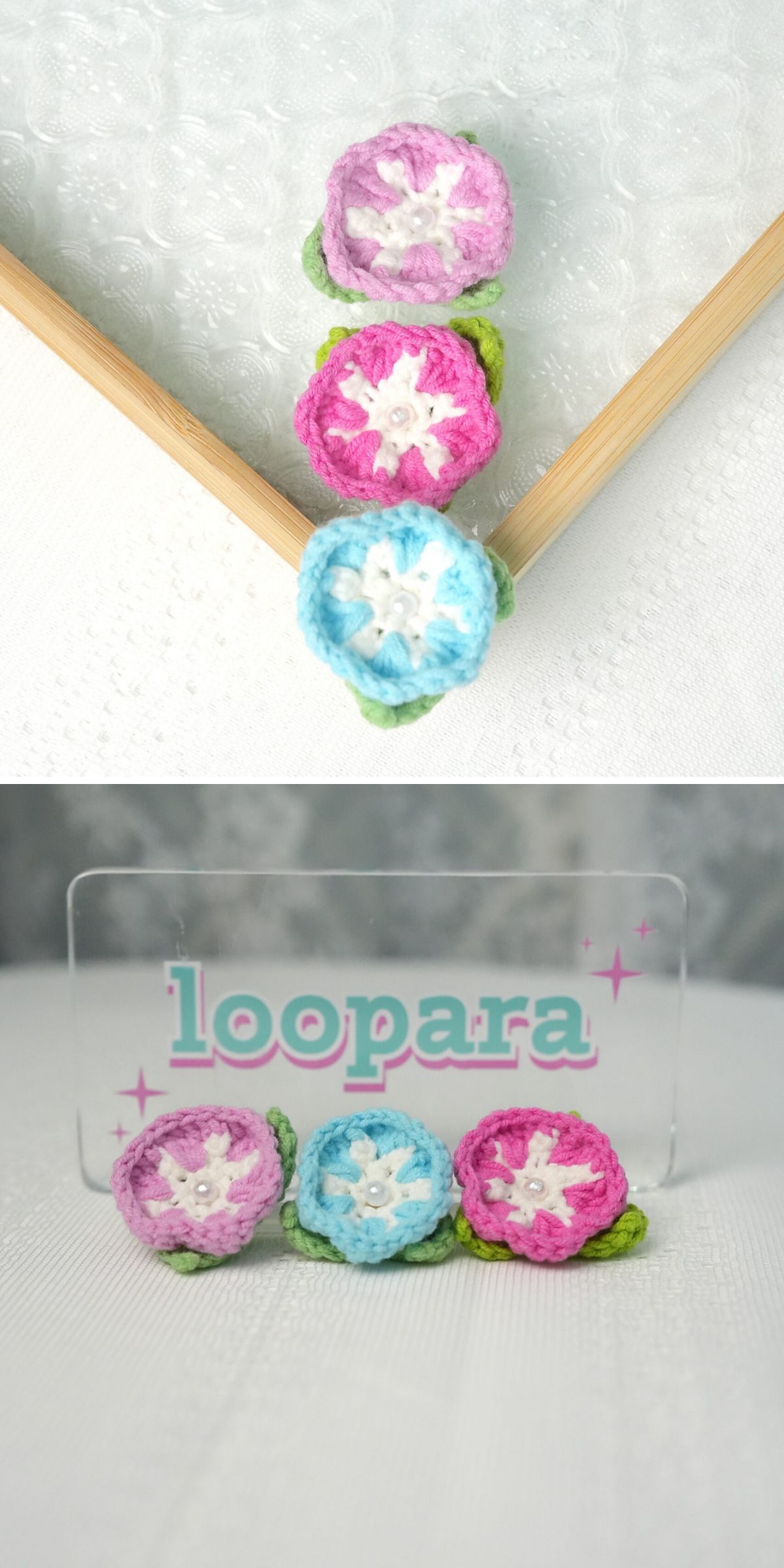 three crochet flower appliques