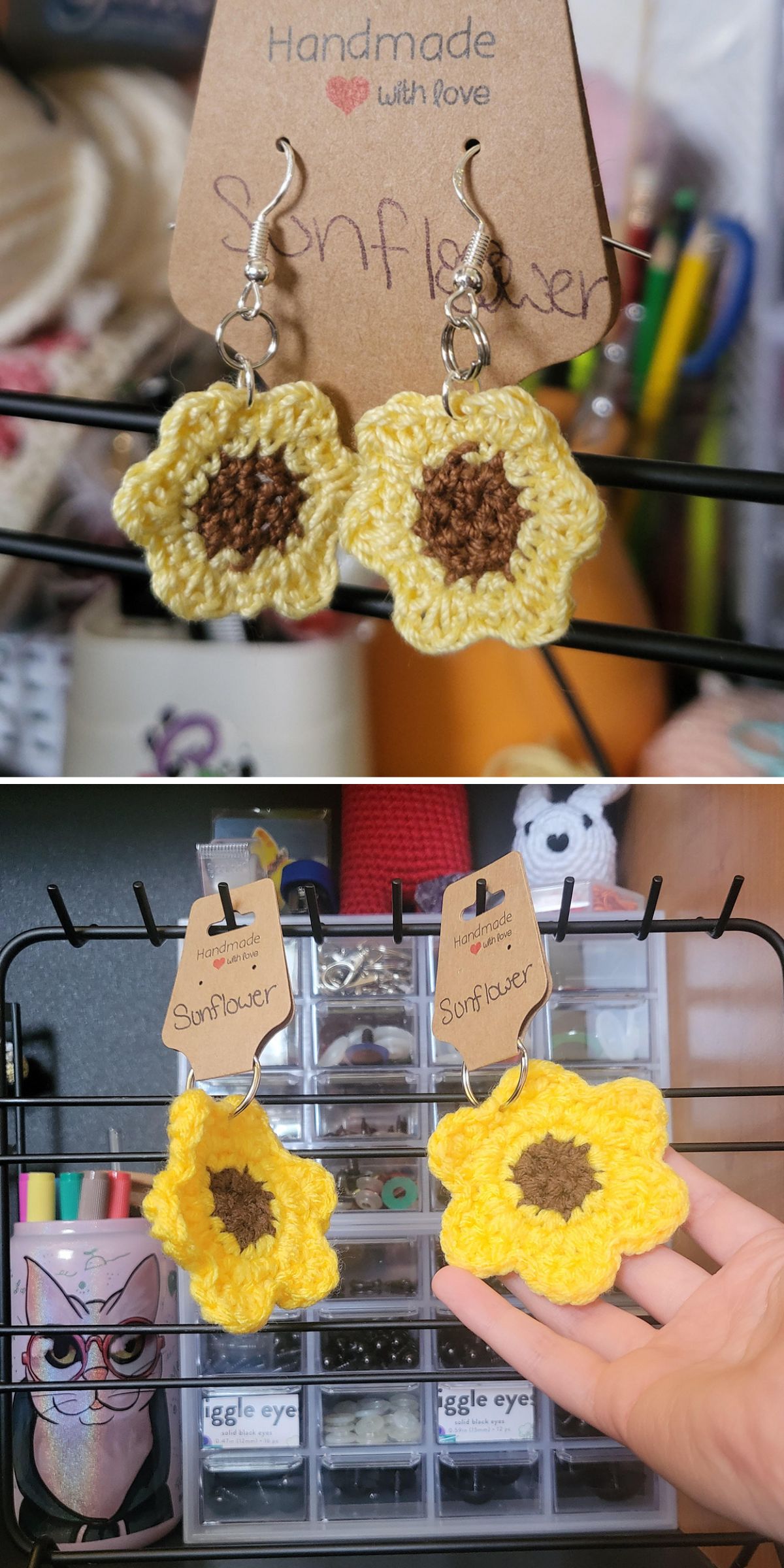 two crochet sunflower earrings