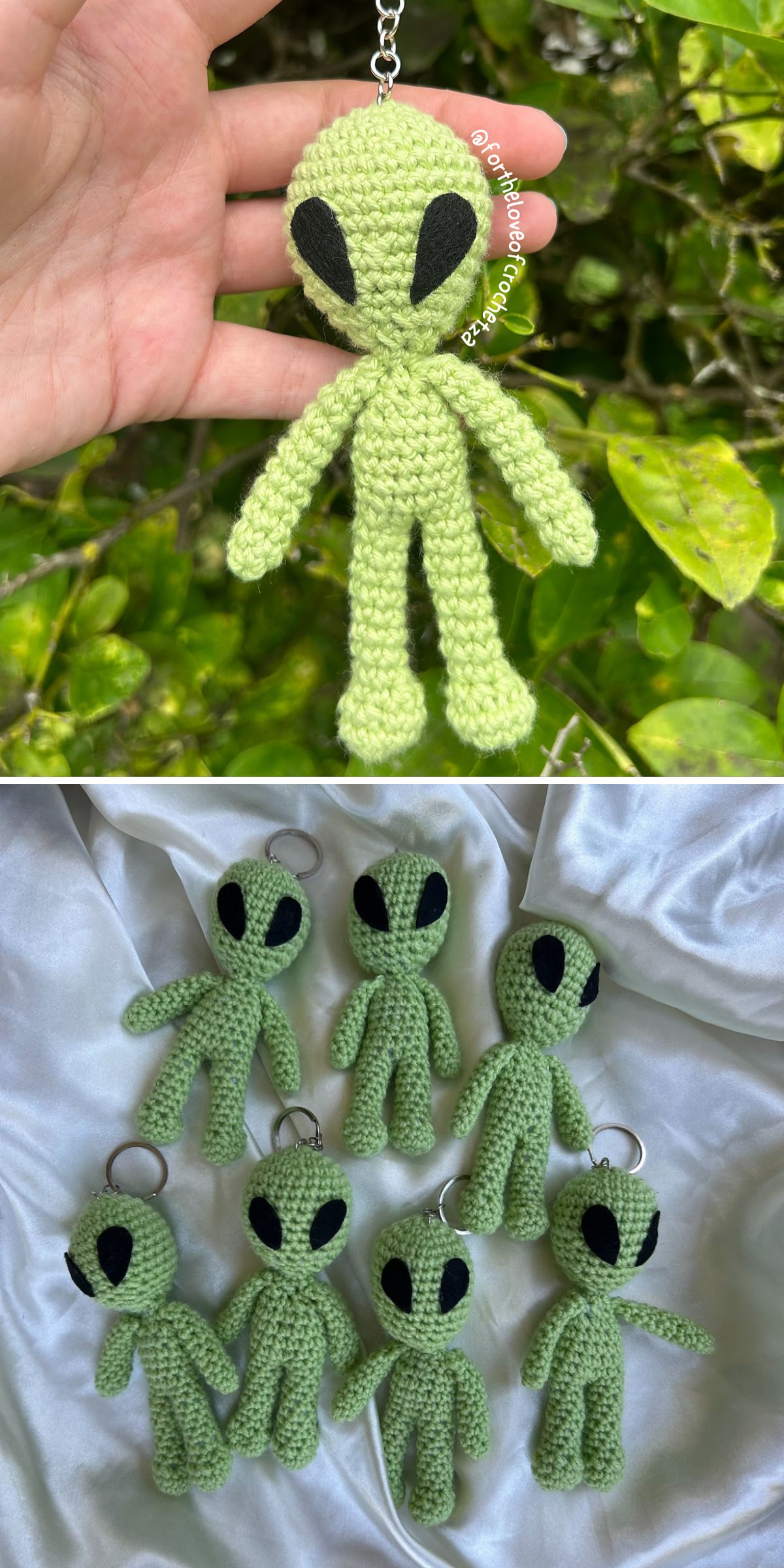 Two images: The first shows a hand holding a baby alien amigurumi keychain. The second displays six similar crocheted alien keychains arranged on a white fabric background.