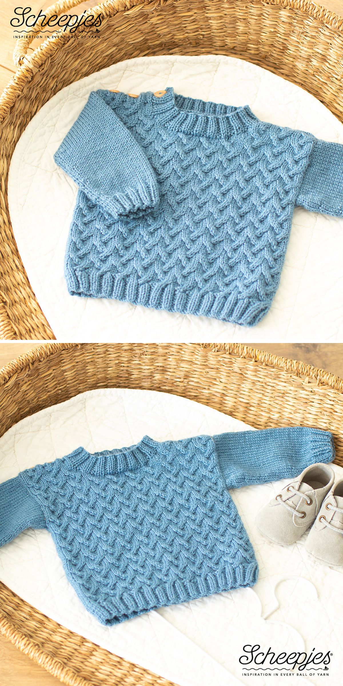 Two images of cute, knitted blue baby boy sweaters with a textured pattern are displayed on a woven basket; one image features a pair of baby shoes next to the sweater. Perfect inspiration for those searching for free knitting patterns.