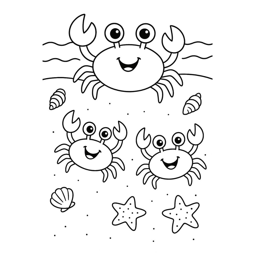 Smiling crabs waving claws surrounded by seafoam and seashells – free beach-themed coloring page for preschoolers