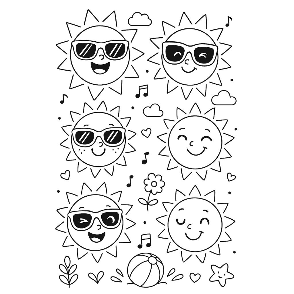 Smiling sun characters with sunglasses – simple summer coloring page for preschoolers.