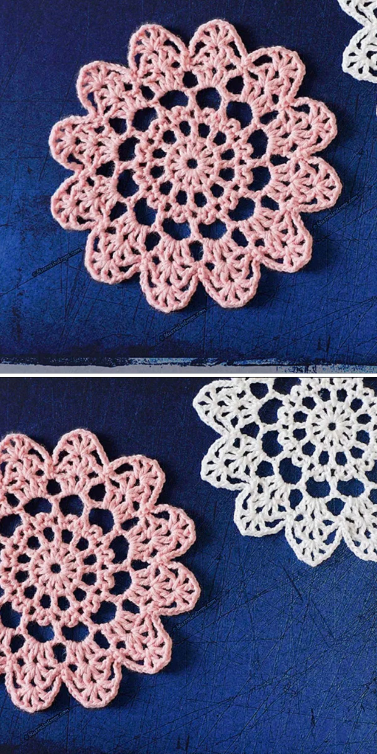 a lace flower-shaped crochet coaster 