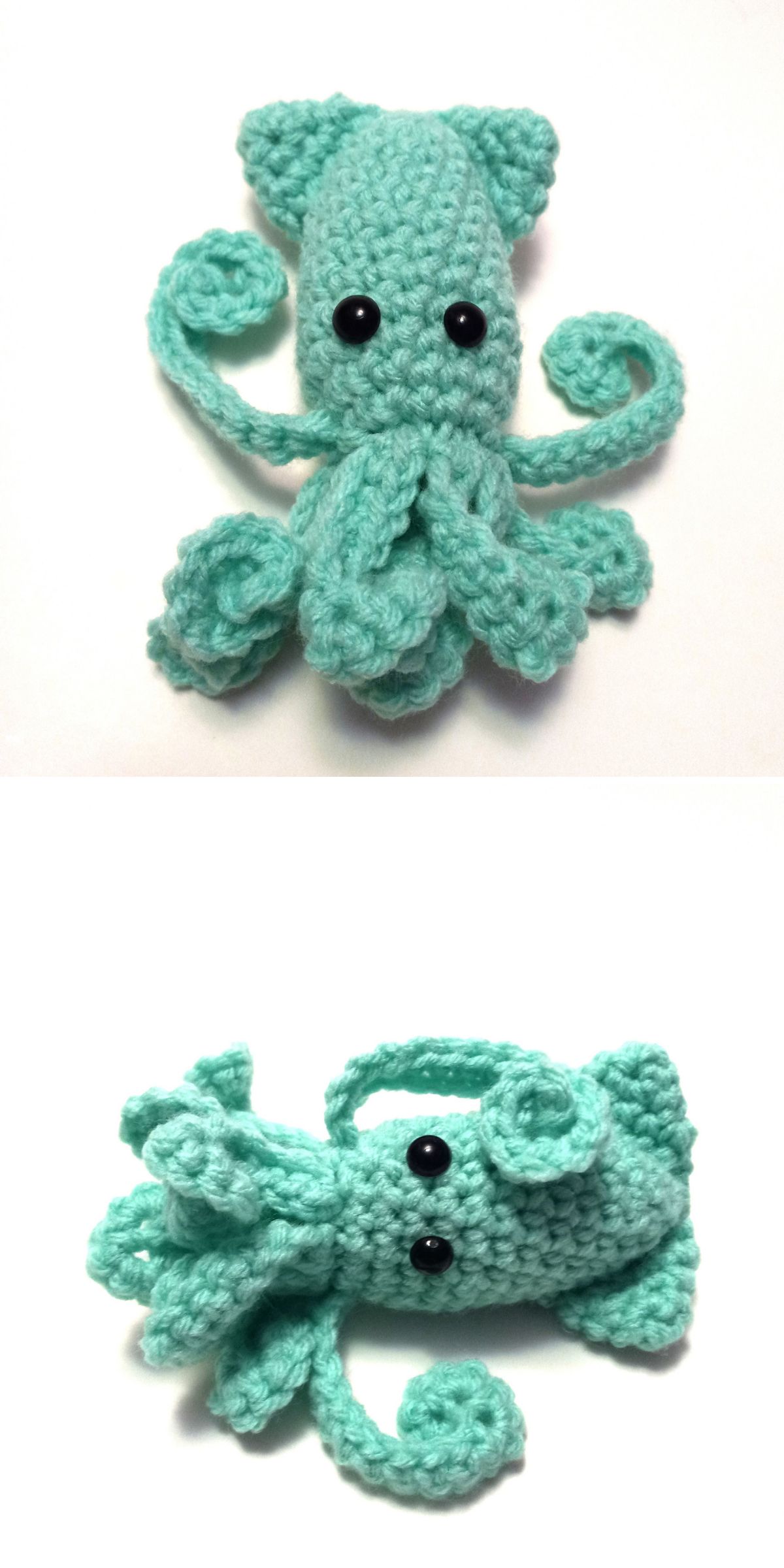 a small crochet squid amigurumi in a light turquoise color