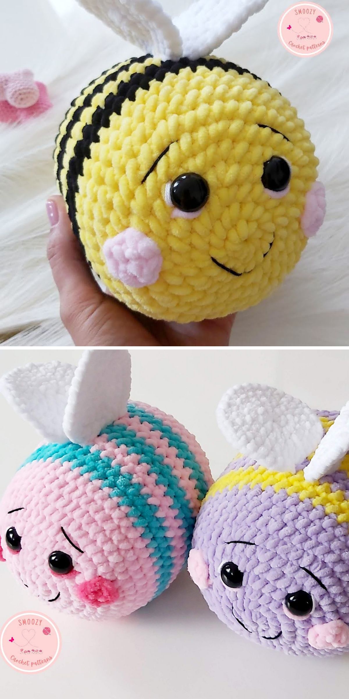 a plump round-shaped crochet bee made of chunky squishy yarn