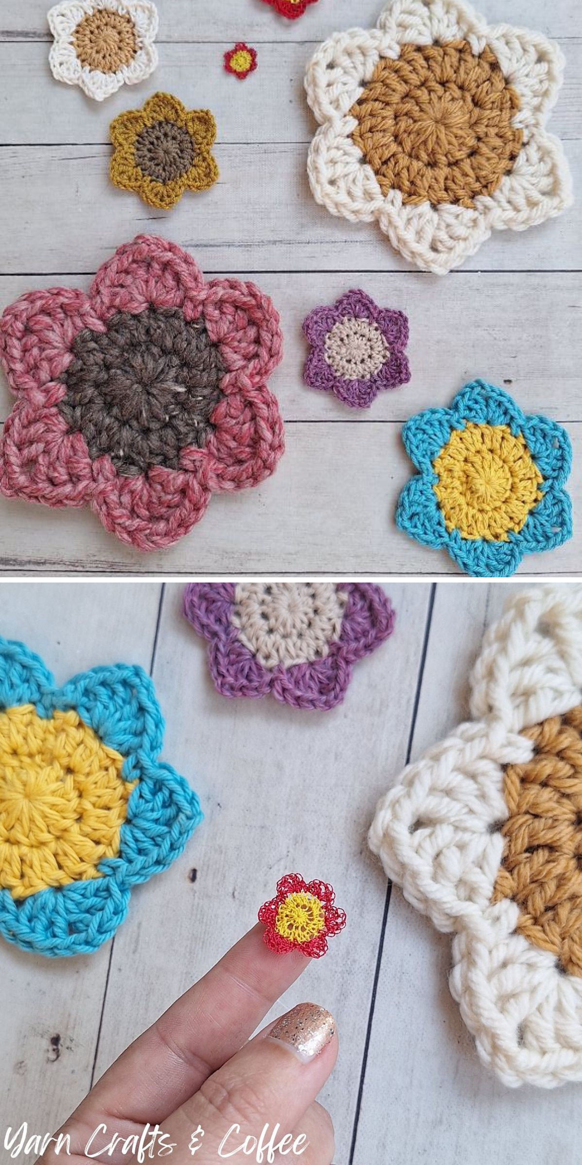 crochet flower appliques in different colors and sizes