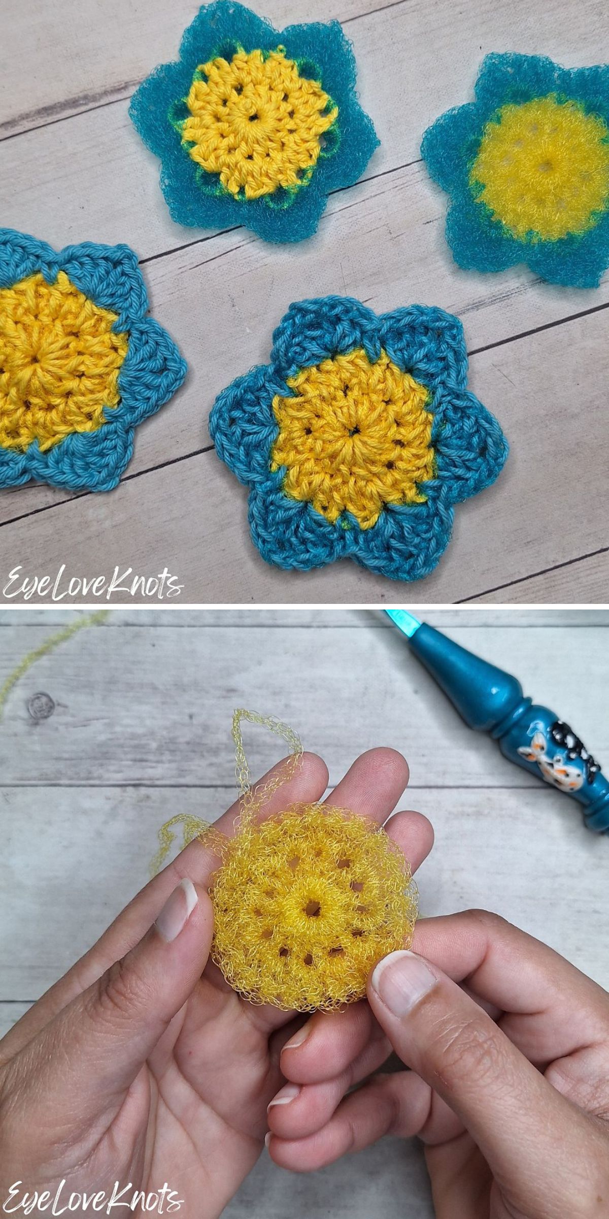 a crochet scrubber looking like a flower