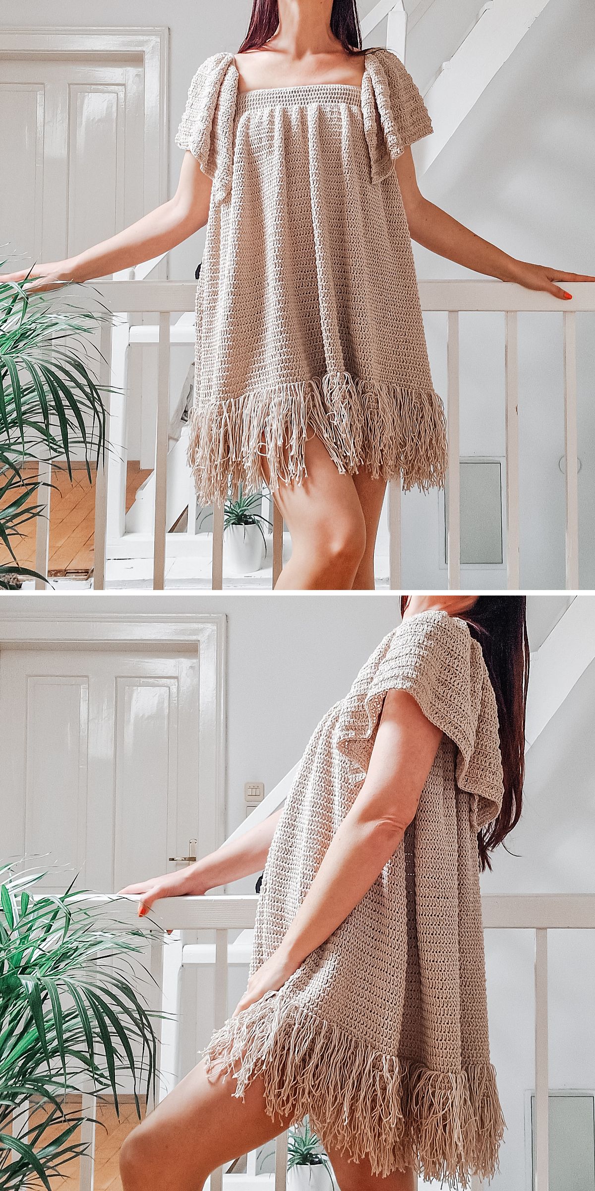 a beige crochet dress with a tessel fringe at the bottom