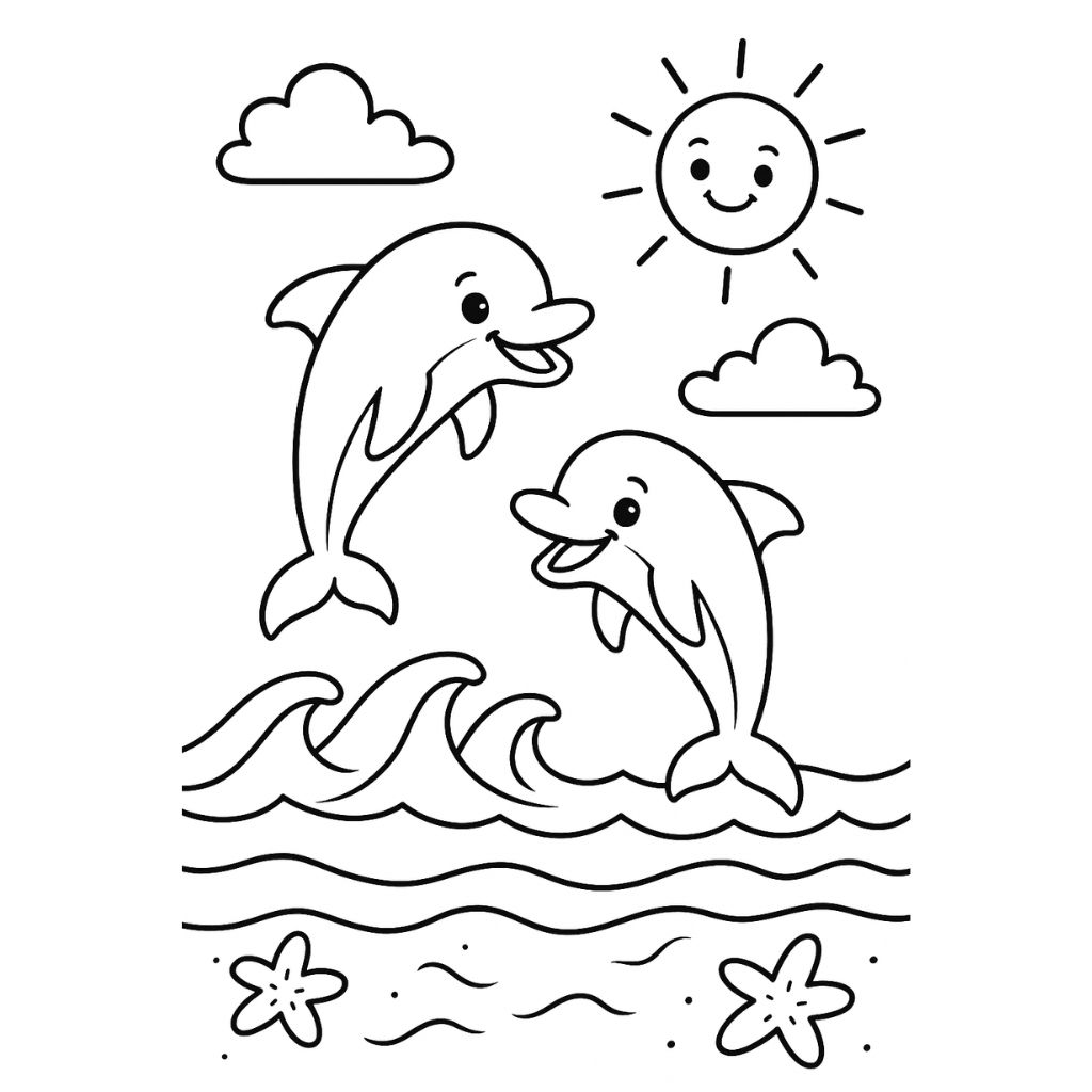 Happy dolphins leaping above ocean waves and clouds – ocean animal beach coloring page for kids
