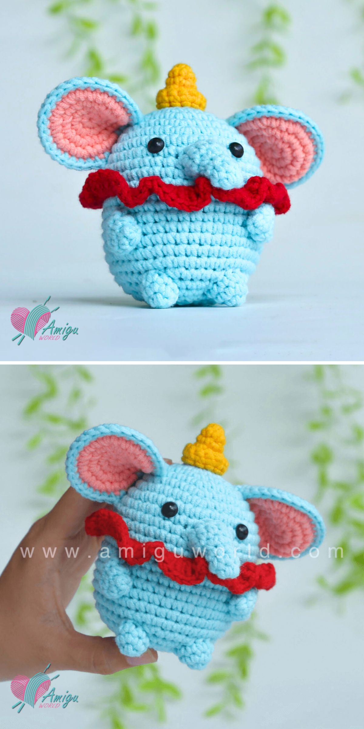 a small crochet elephant amigurumi with decorative elements