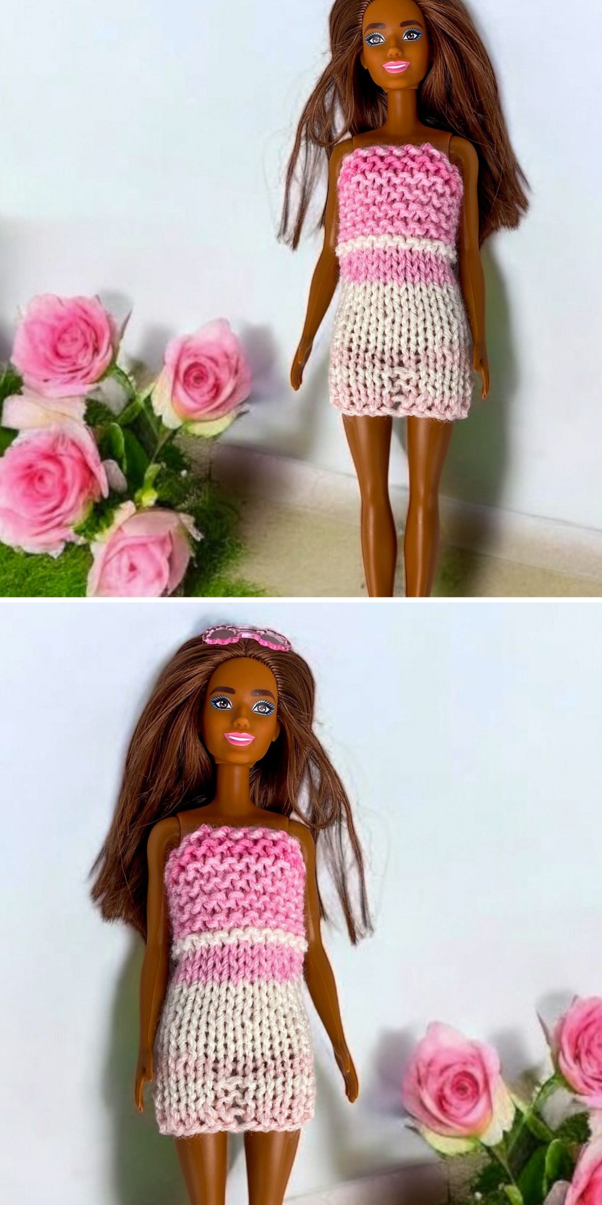a Barbie doll wearing a pink knitted dress