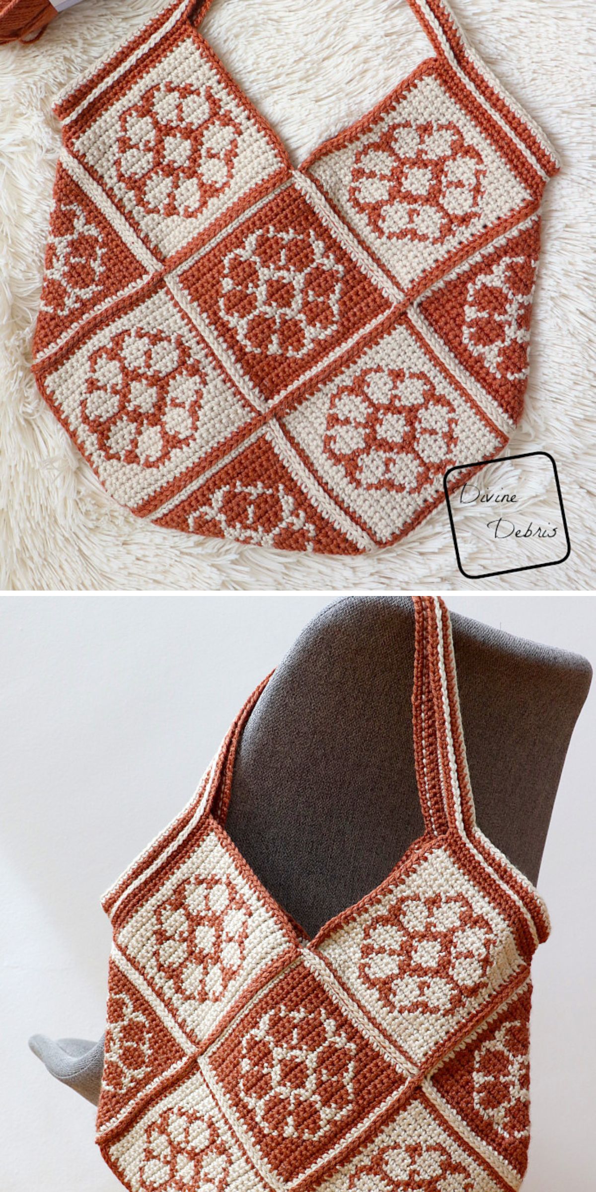 a fashionable crochet bag built up from squares with intarsia flower motifs