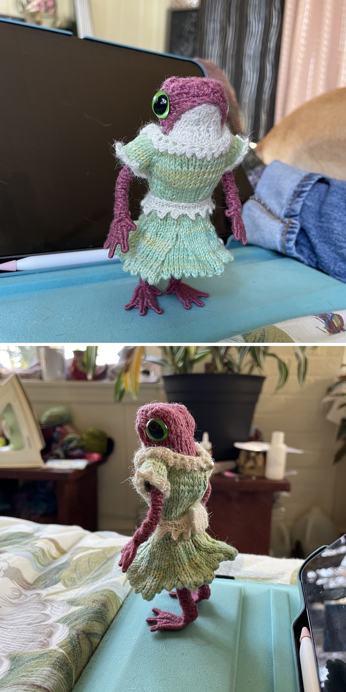 a handmade frog toy wearing a knitted dress