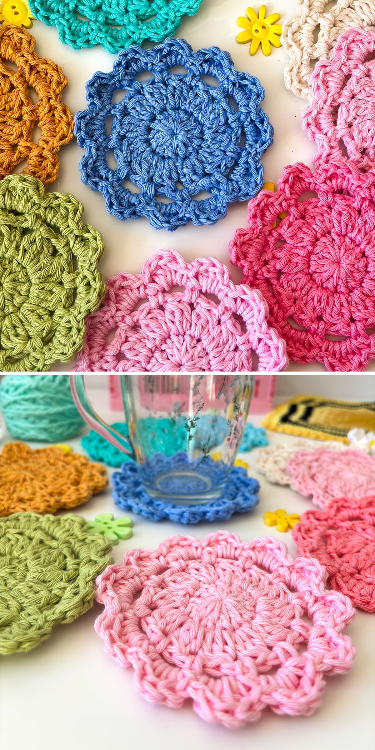 a set of crochet coasters in vivid colors