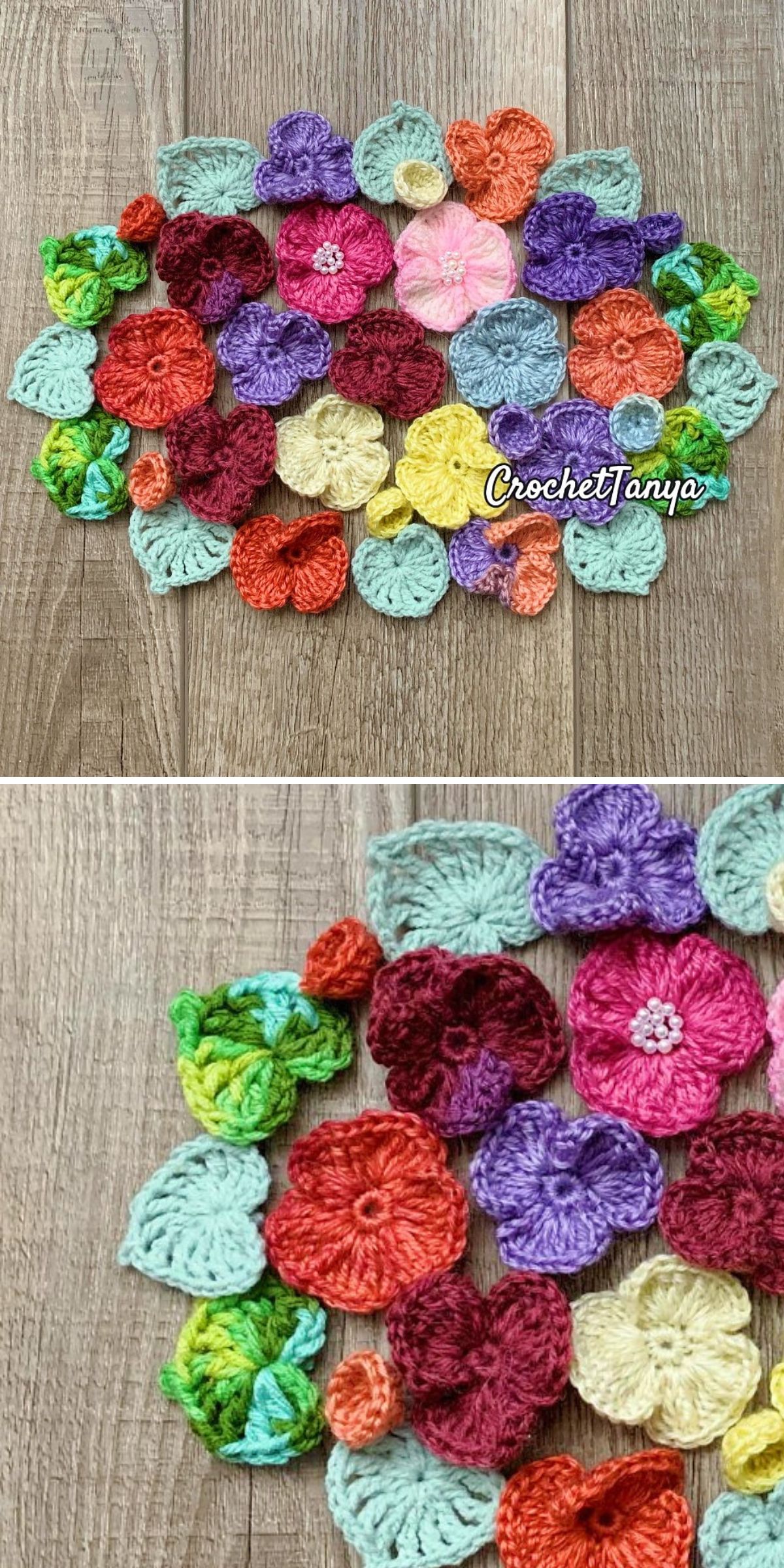a collection of colorful crochet flower and leaf appliques