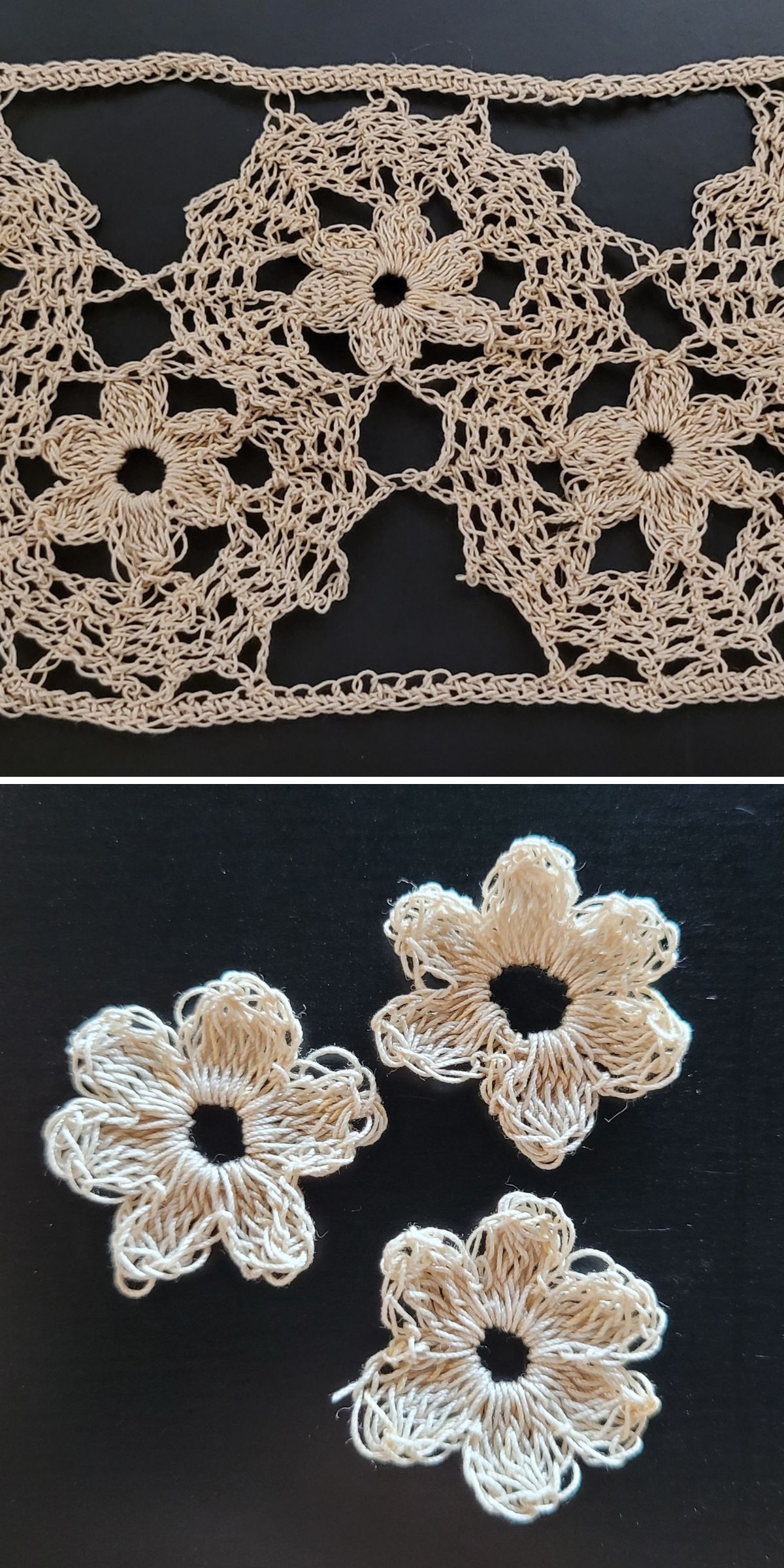 a crochet piece of work featuring lace flower motifs