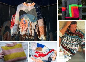 a set of colorful knitted sweaters