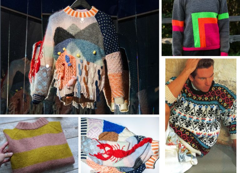 a set of colorful knitted sweaters
