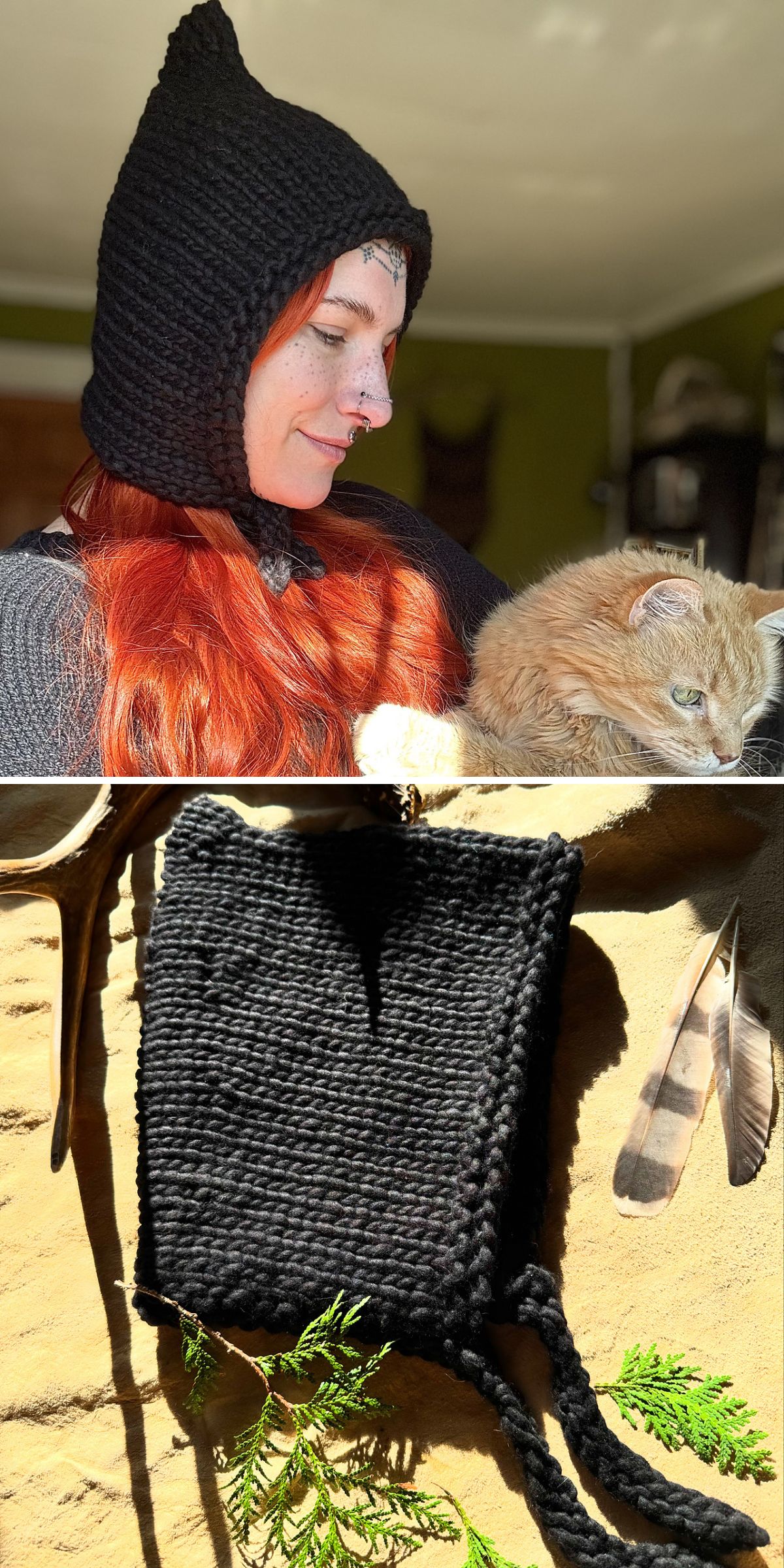 a woman wearing a black knitted hood