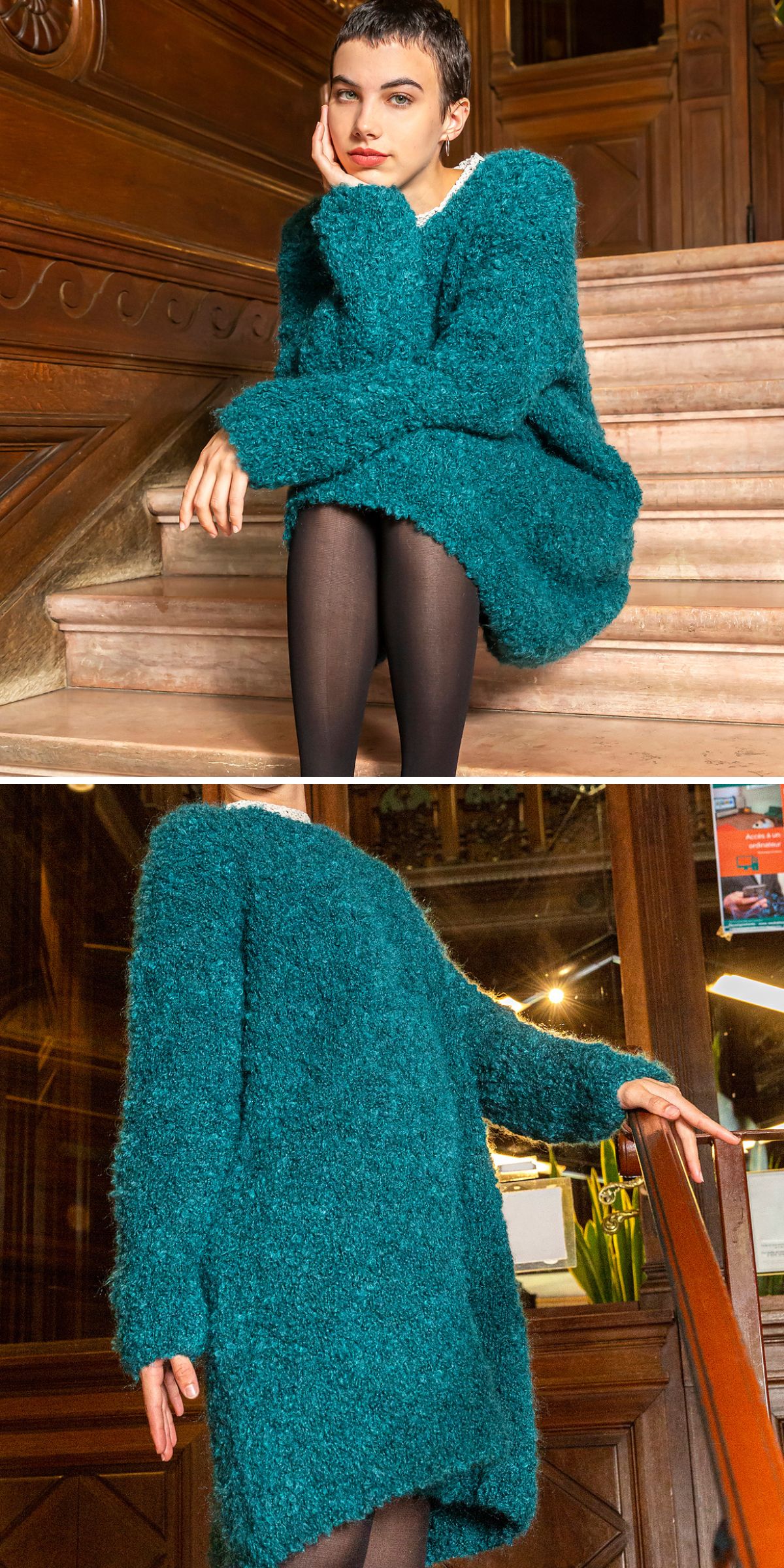 a warm oversized knit dress featuring a fuzzy fabric in a torquoise color