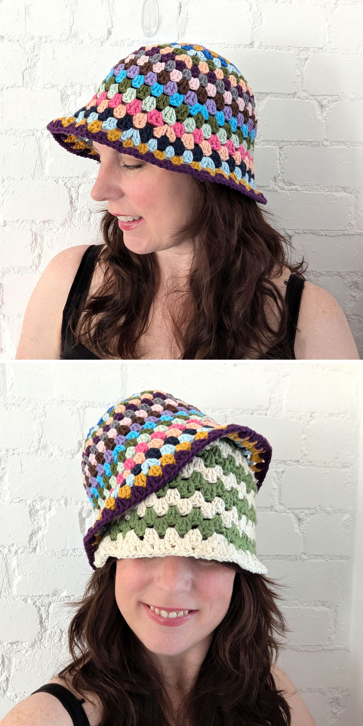 a crochet bucket hat worked with granny stitches