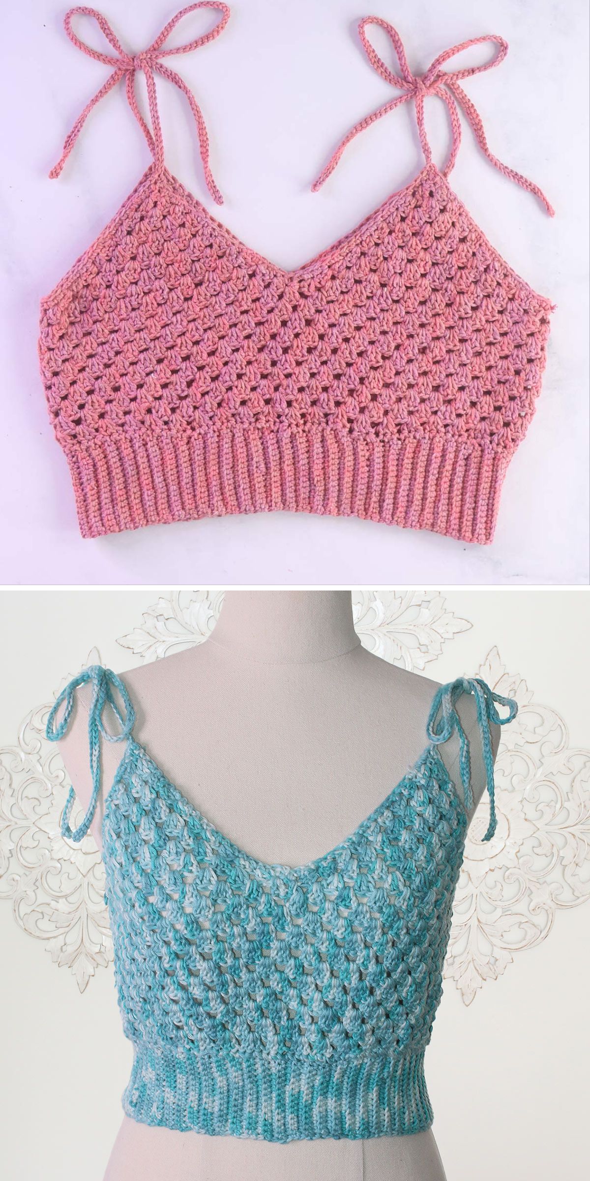 a crochet crop top worked with granny stitches and featuring tie straps showcased in two color versions