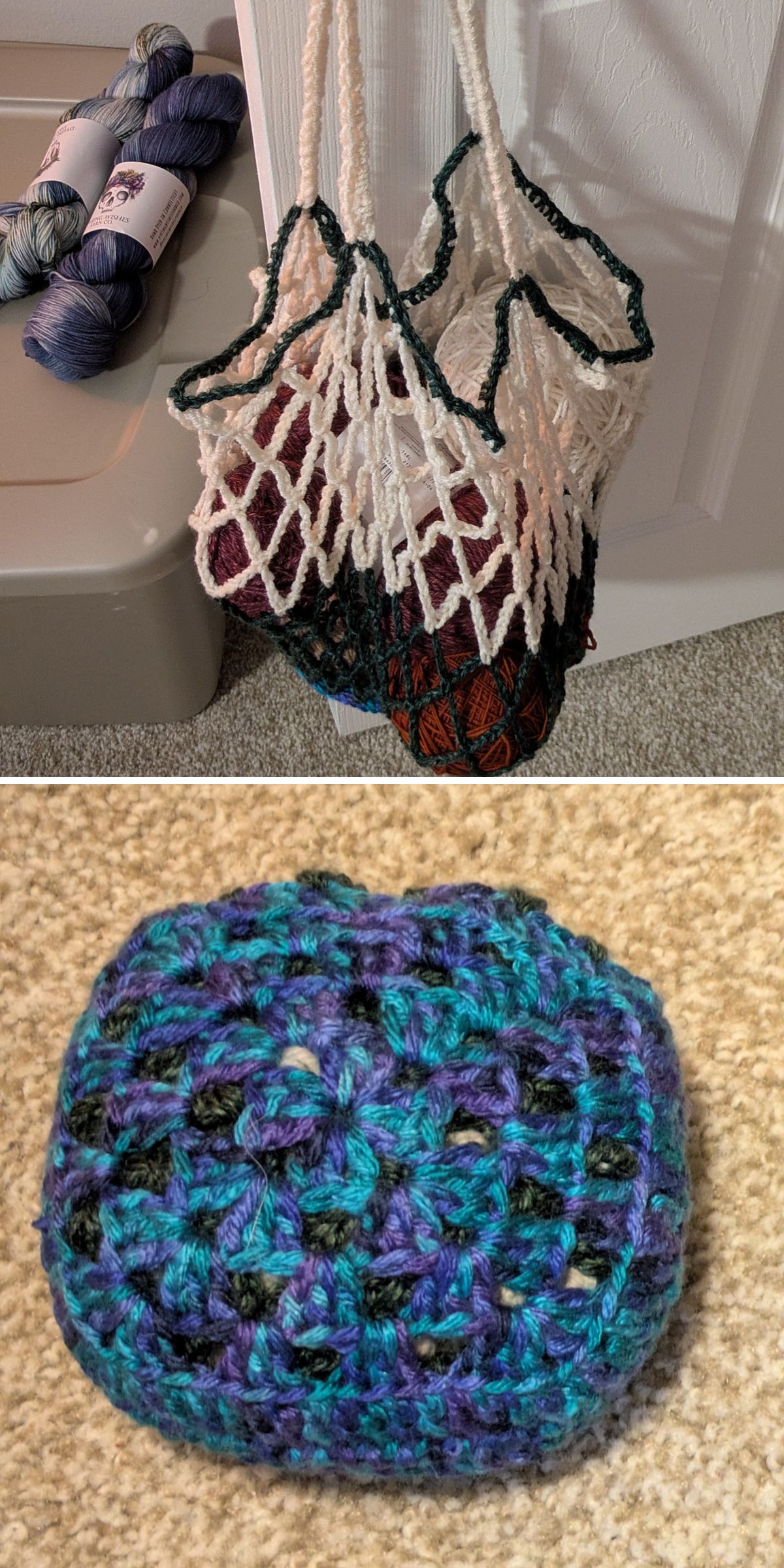 a large crochet market bag with yarn balls inside