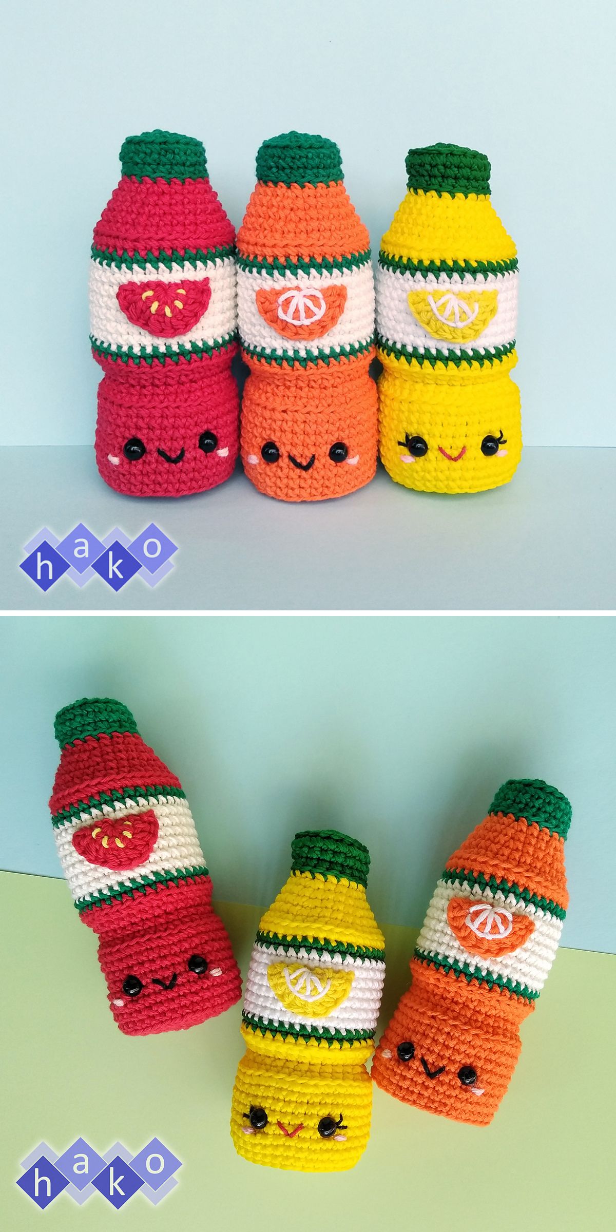 three crochet juice bottles inspired by lemon, orange, and tomato flavours