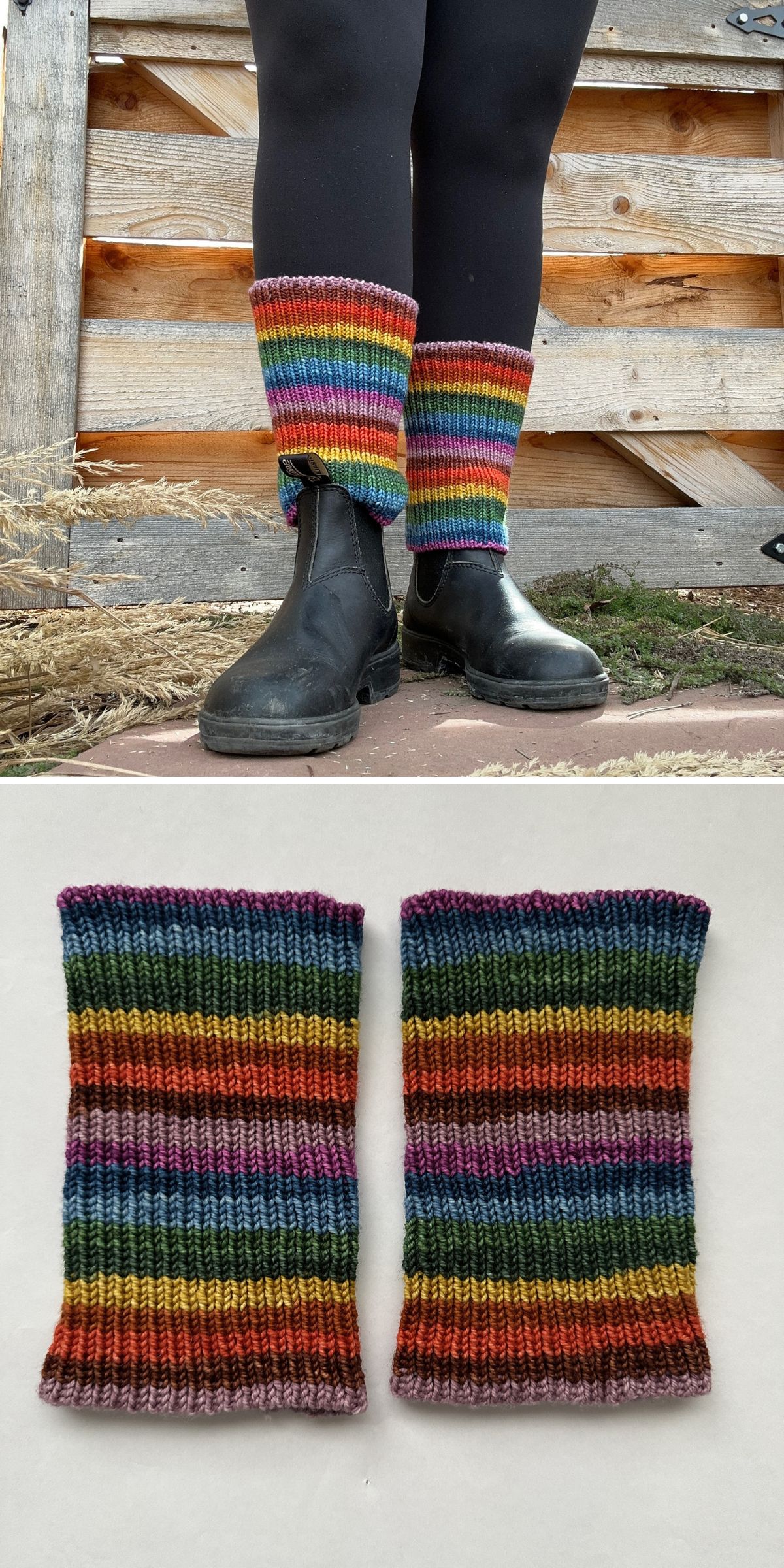 knitted leg warmers with rainbow stripes