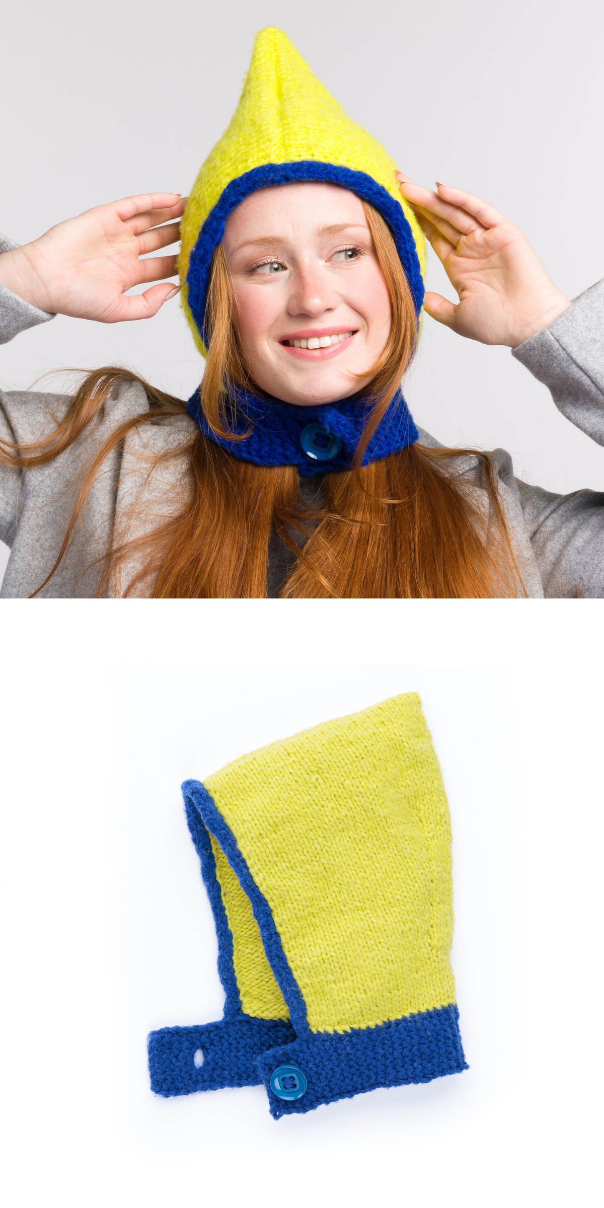 a knitted hood with button closure at the neck in yellow and blue