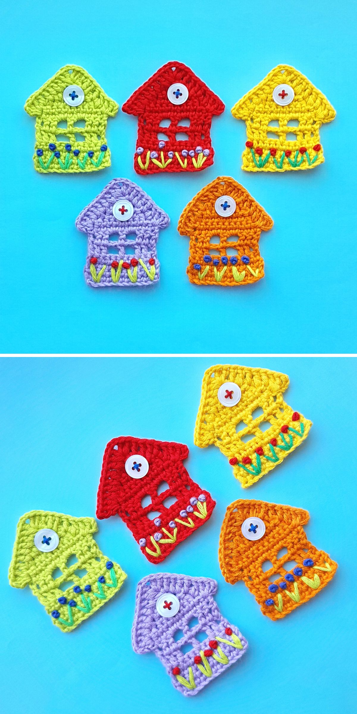 a set of colorful crochet appliques shaped like tiny little houses