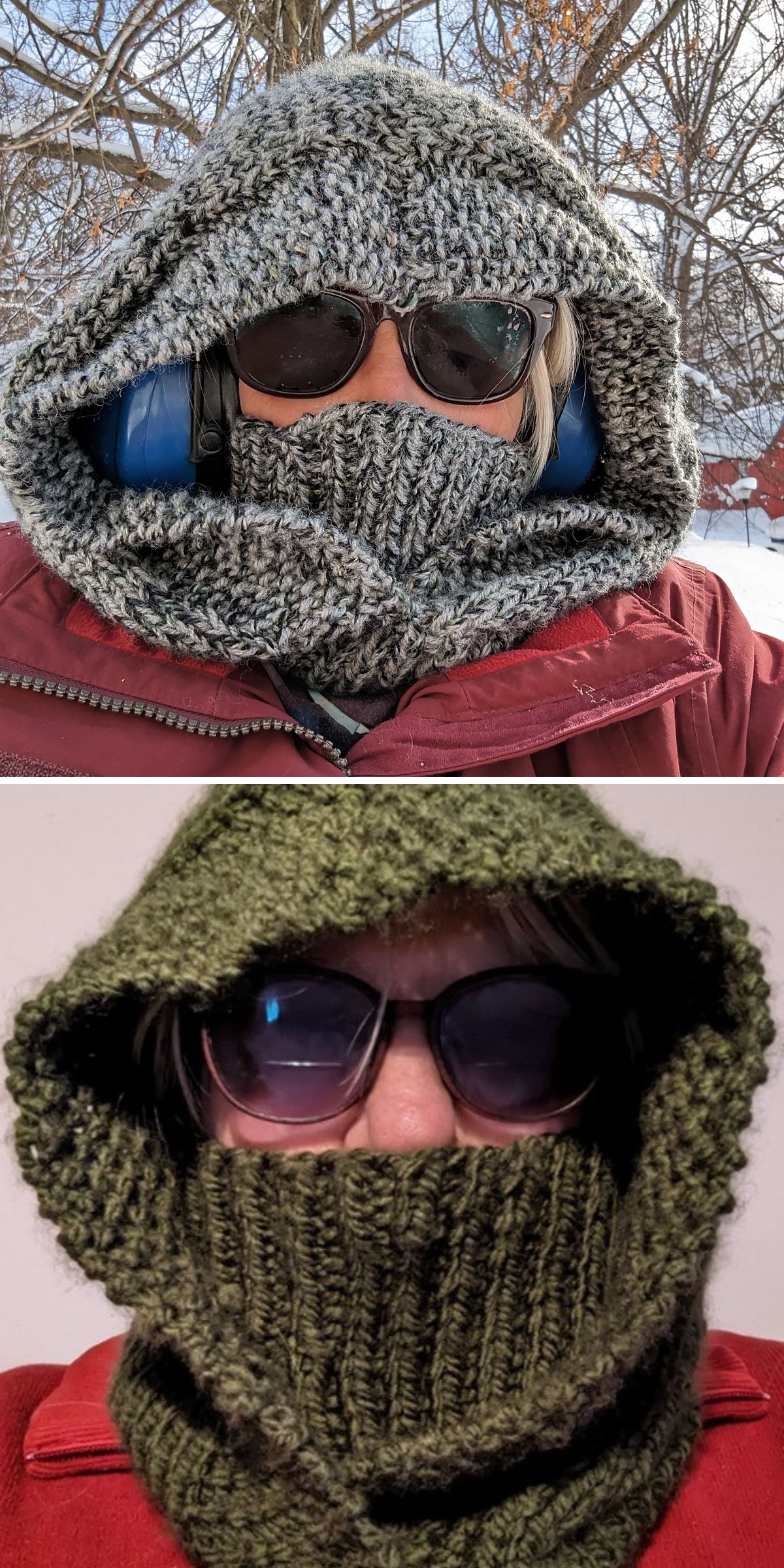 a knitted hood made with chunky yarn in neutral colors