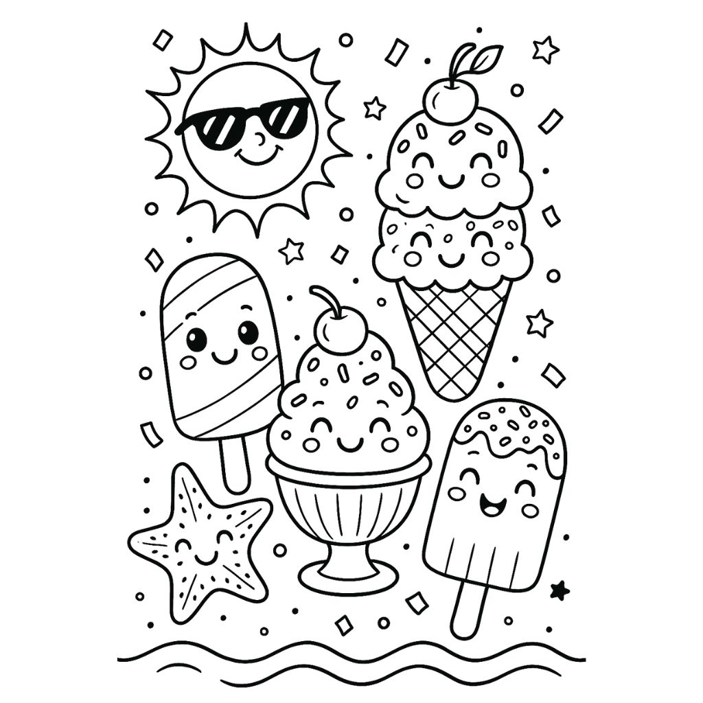 Popsicles, ice cream cones, and sundaes with cute faces – printable summer coloring sheet for kids.