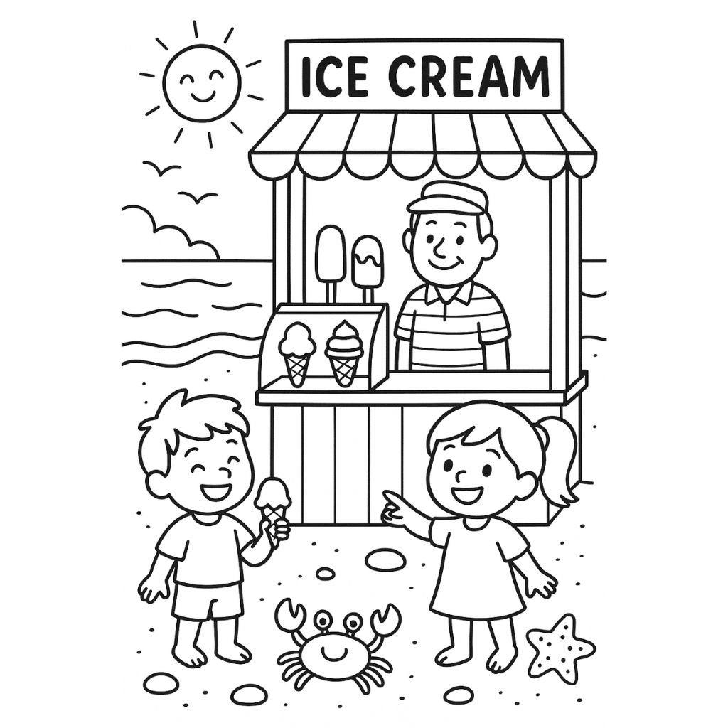 Coloring page of a cheerful ice cream stand with cones, popsicles, and kids – beach printable for children