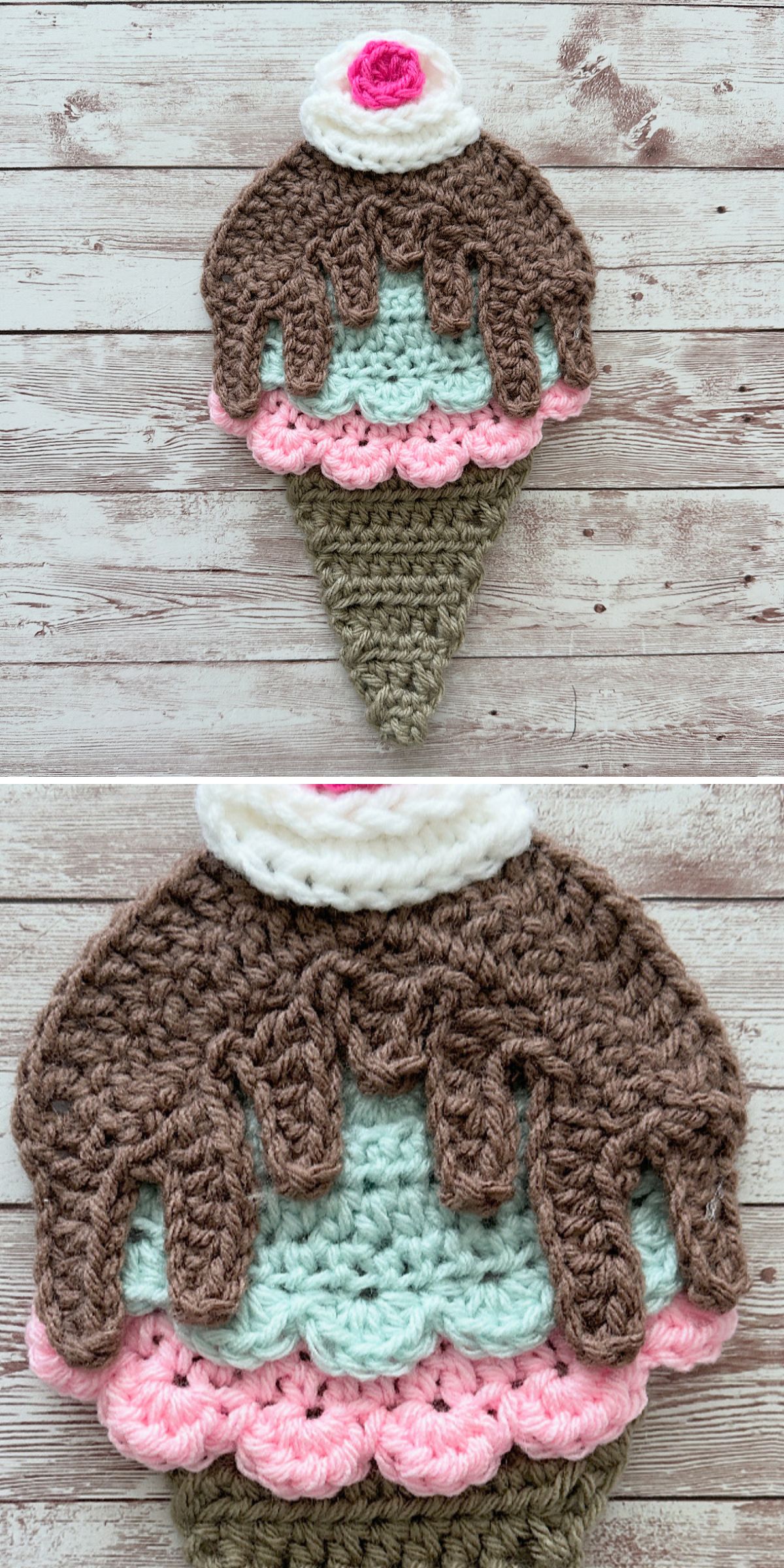 a crochet applique shaped like a ice cream cone