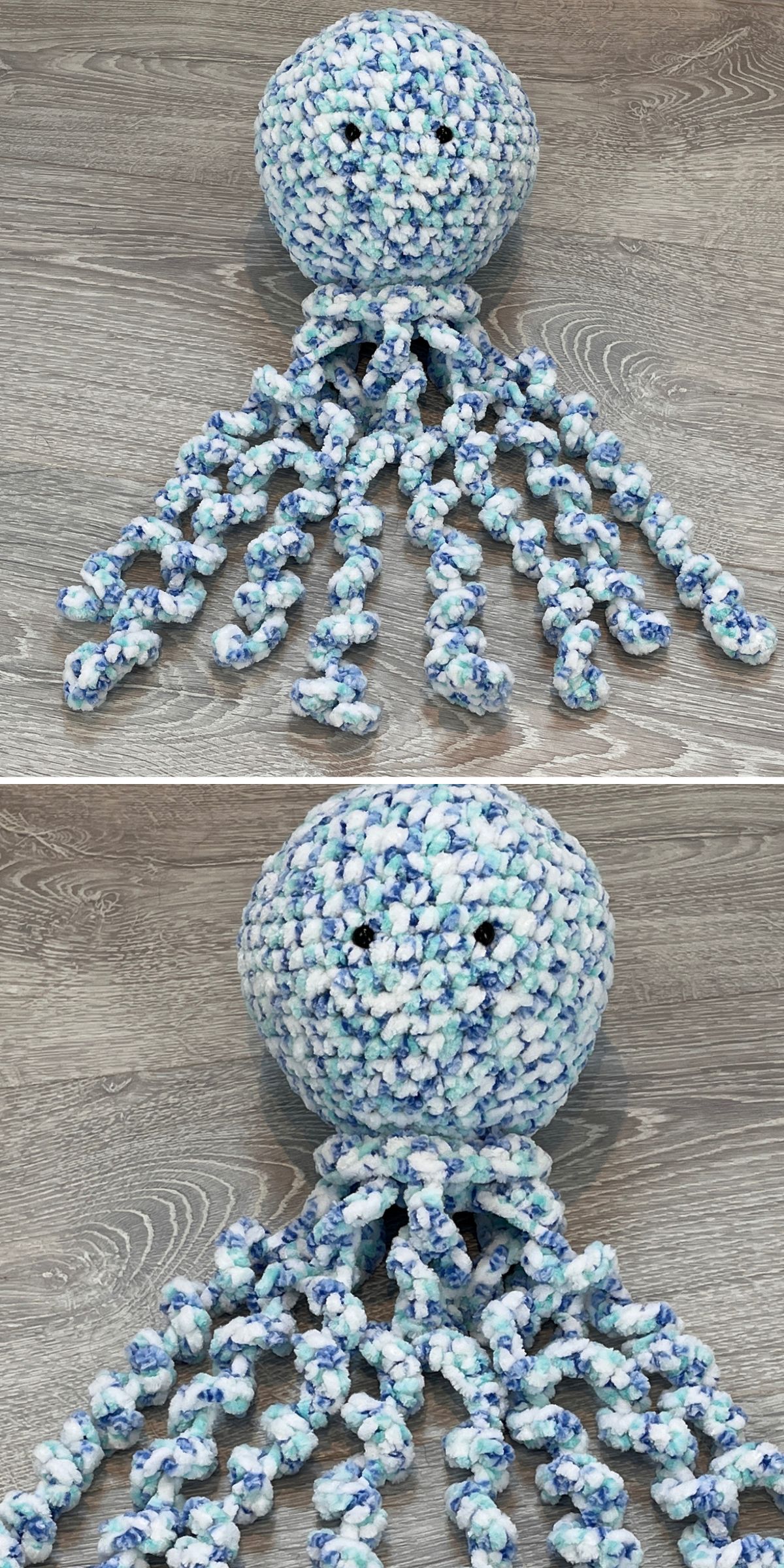 a crochet octopus with large head made with velvety variegated yarn