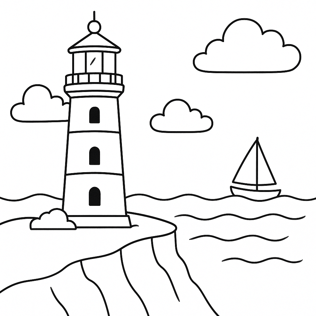 Classic lighthouse on a cliff with waves, clouds, and distant sailboats – printable seaside coloring page