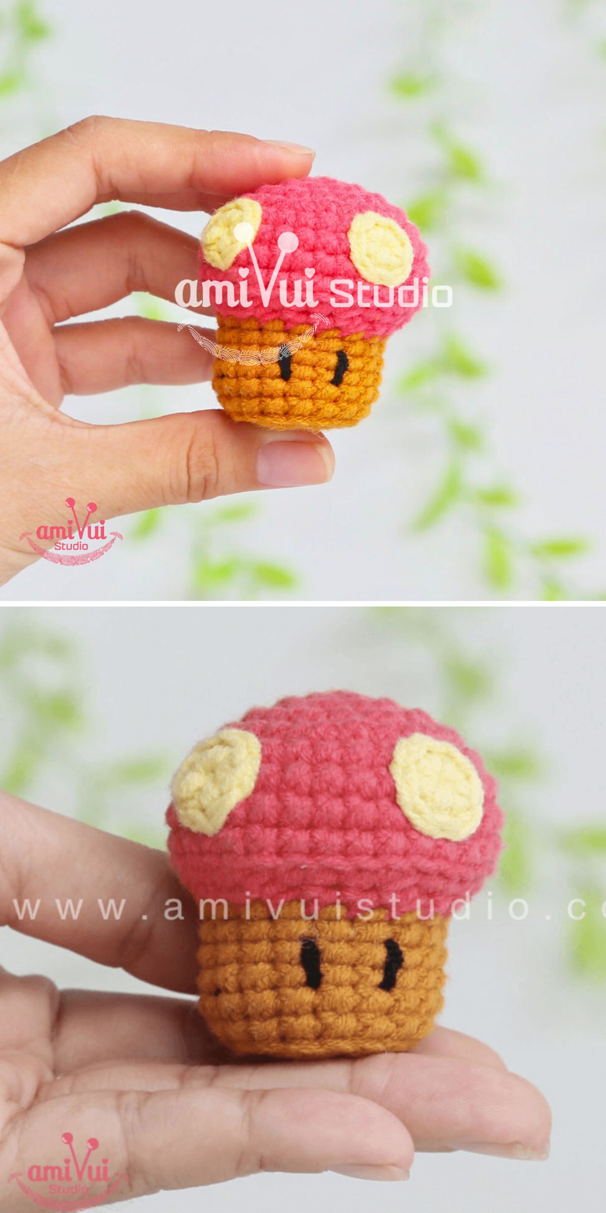 a mini crocheted mushroom with eyes