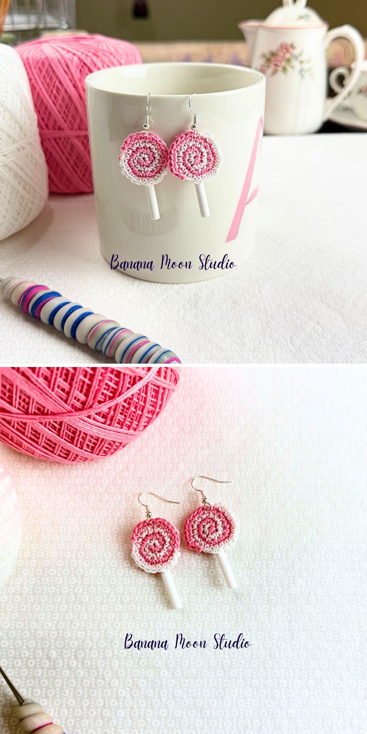 crochet earrings looking like mini pink lollipops