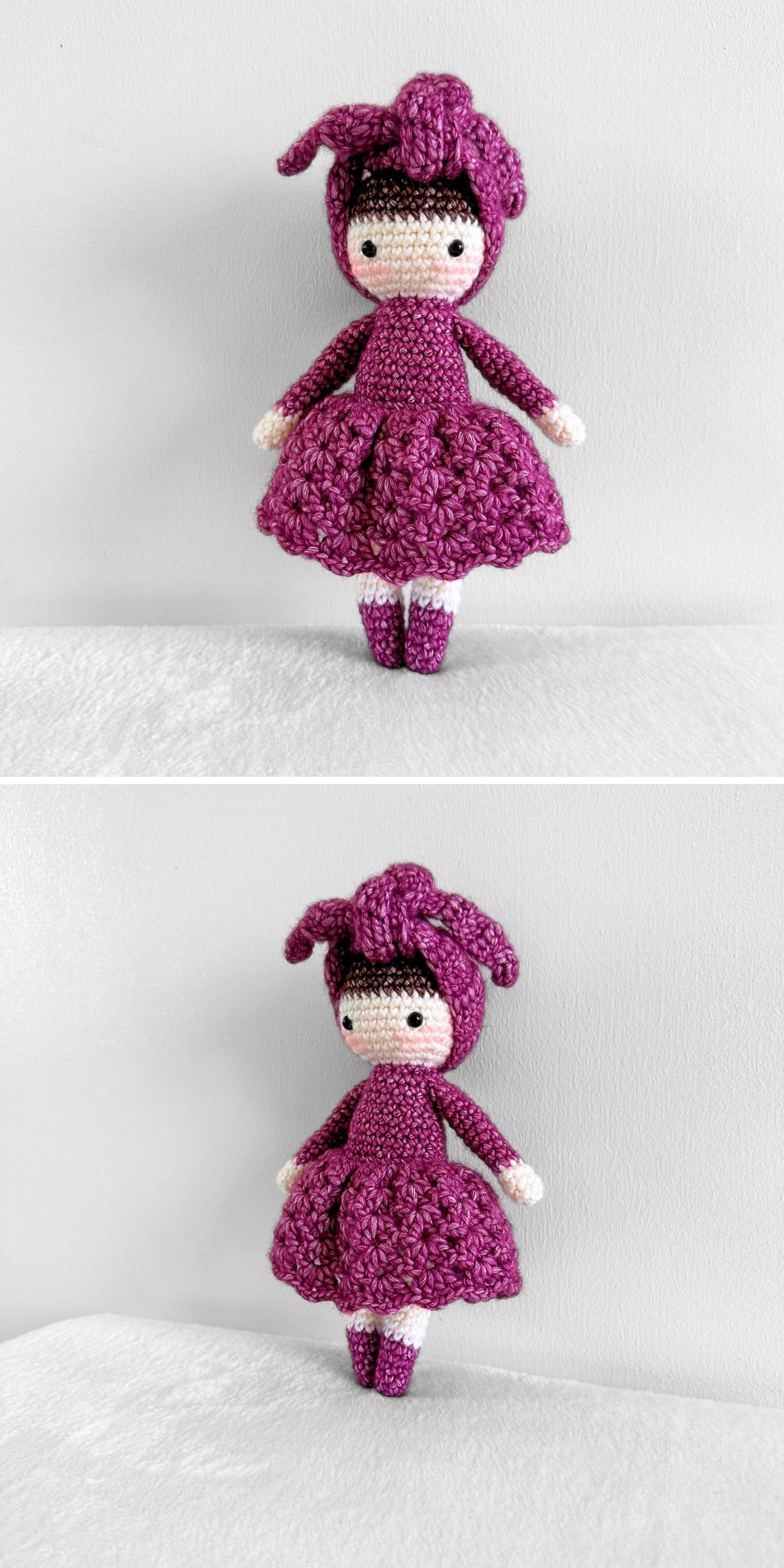 a crochet doll dressed in a purple dress with a bow-tied headband