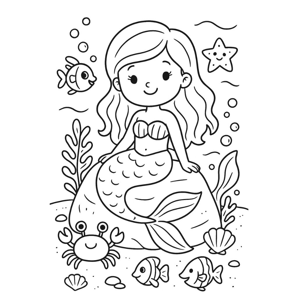 Smiling mermaid sitting on a seaside rock with sea animals and waves – free printable mermaid beach coloring page