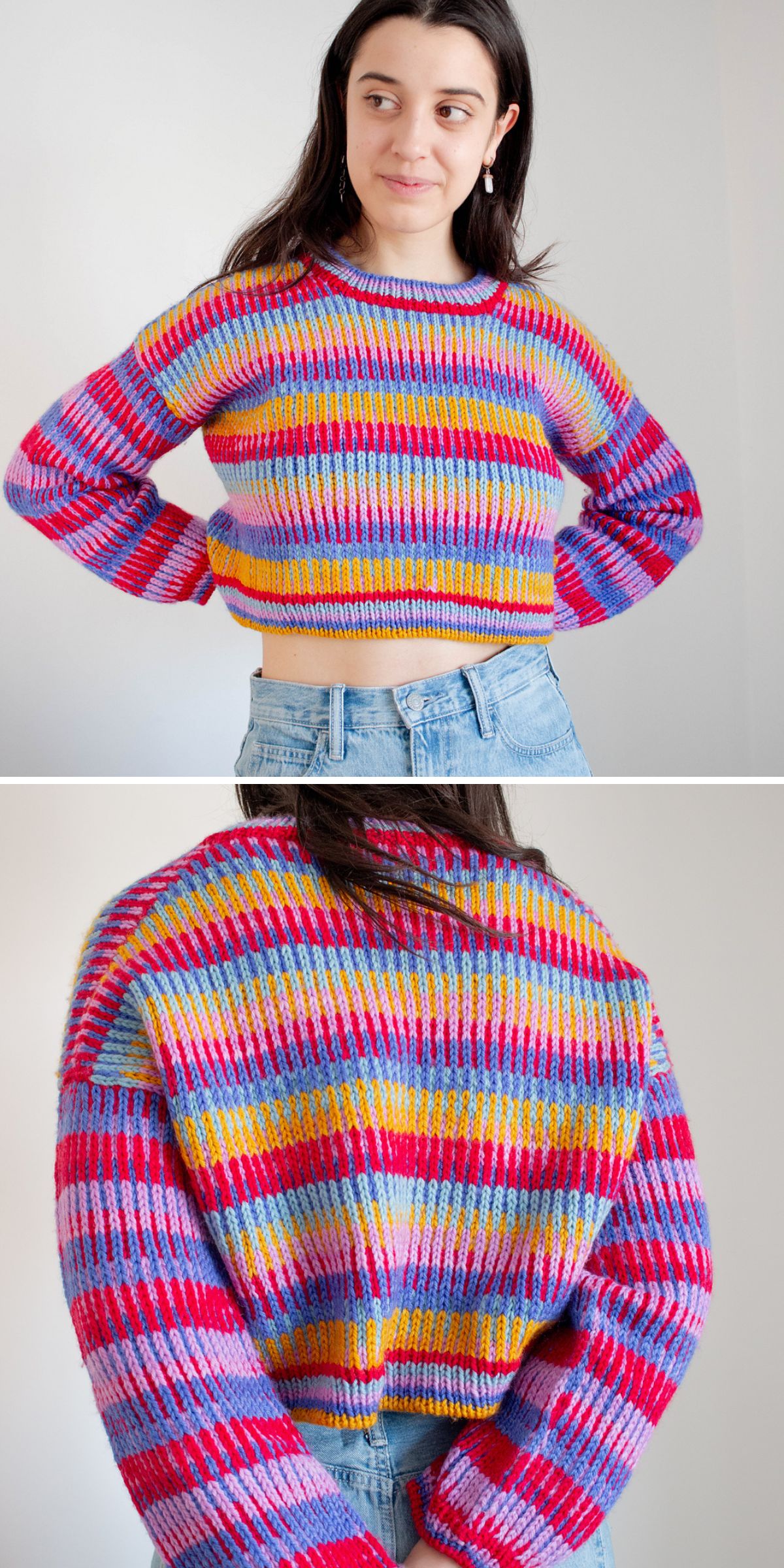 a knitted cropped sweater with a colorful stripe design