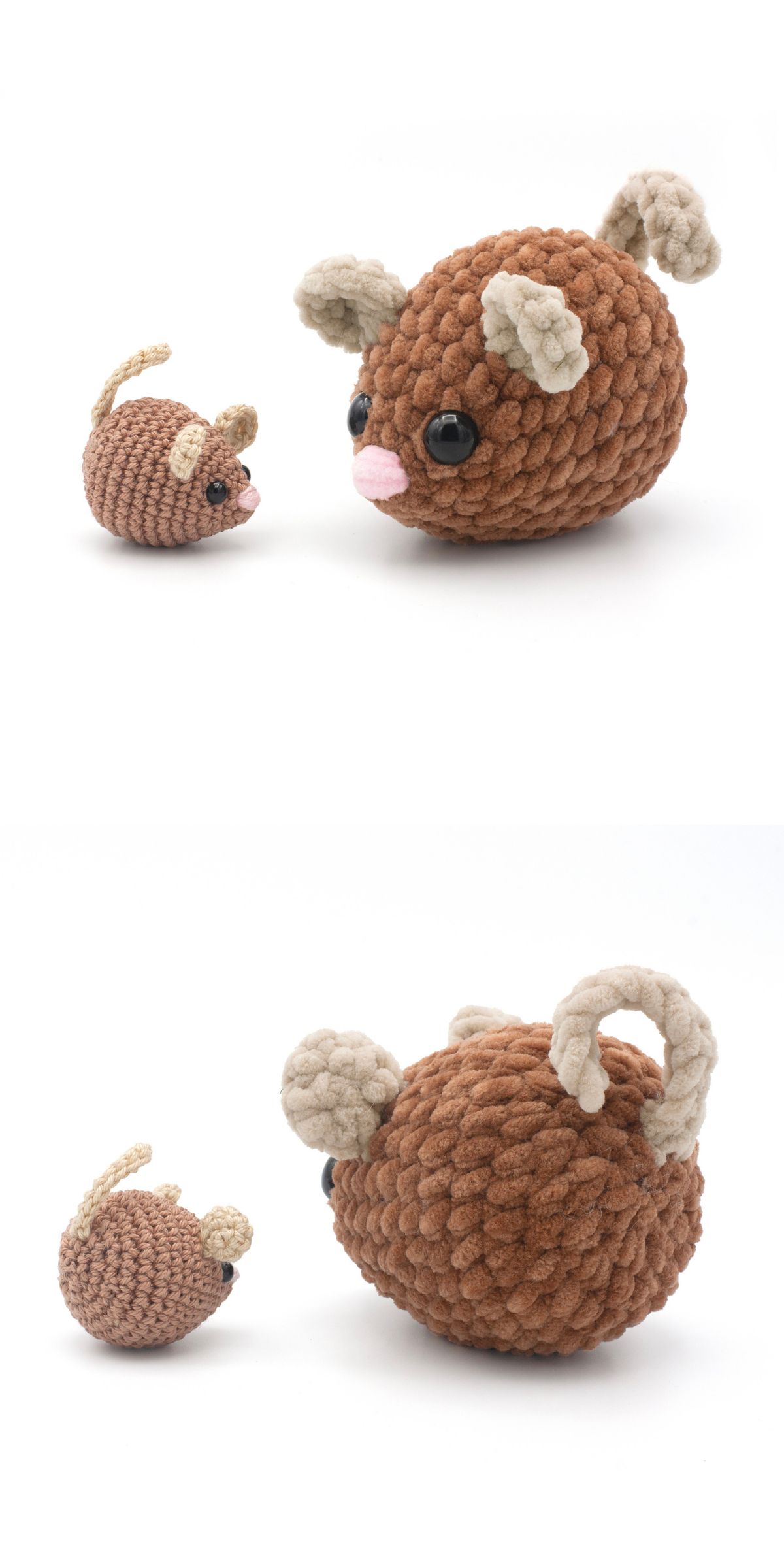 two crochet mouse amigurumi in brown colors